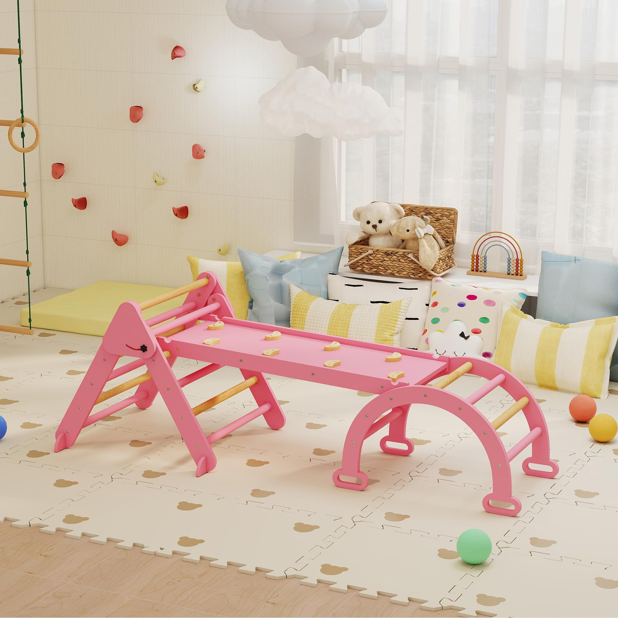 AIYAPLAY 7 en 1 Triángulo de Escalada Montessori con Arco y Rampa, Escalada para Niños de Madera Plegable, para 18-48 Meses, para Deslizarse o Escalar, 188x70 cm, Rosa