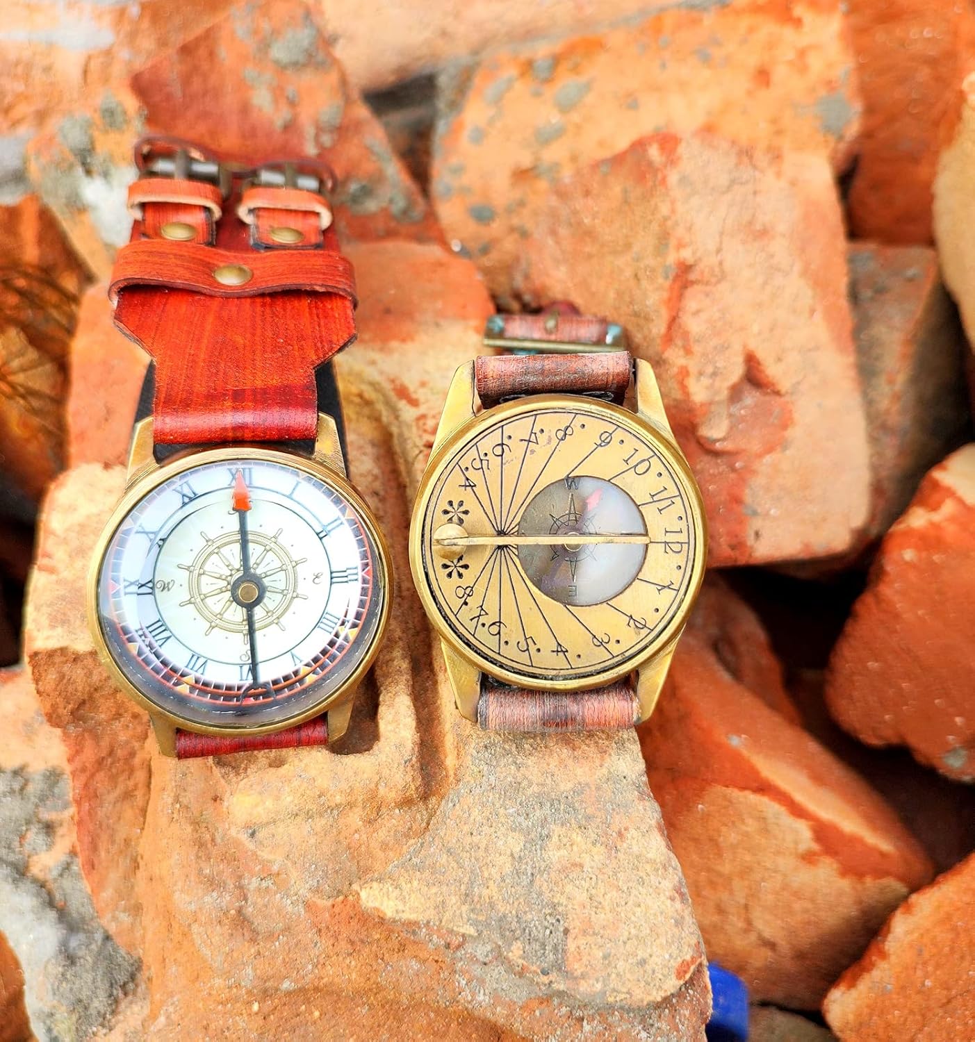 Brown Antique 2 Piece Brass Working Sundial Compass Wrist Watch with Rustic Engraved Compass 2.5 inch Approx.