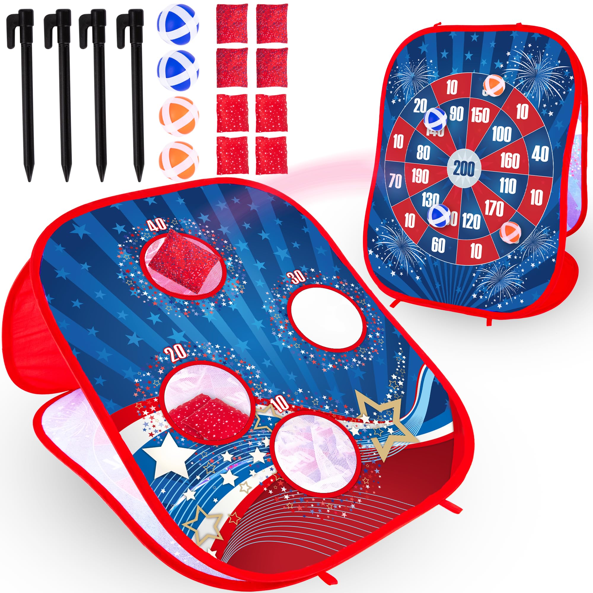 ArtCreativity 2 in 1 Bean Bag Toss Game for Kids and Sticky Ball Darts Game - Outdoor Kids Games Ages 3-4 - Kids Cornhole Game Set with American