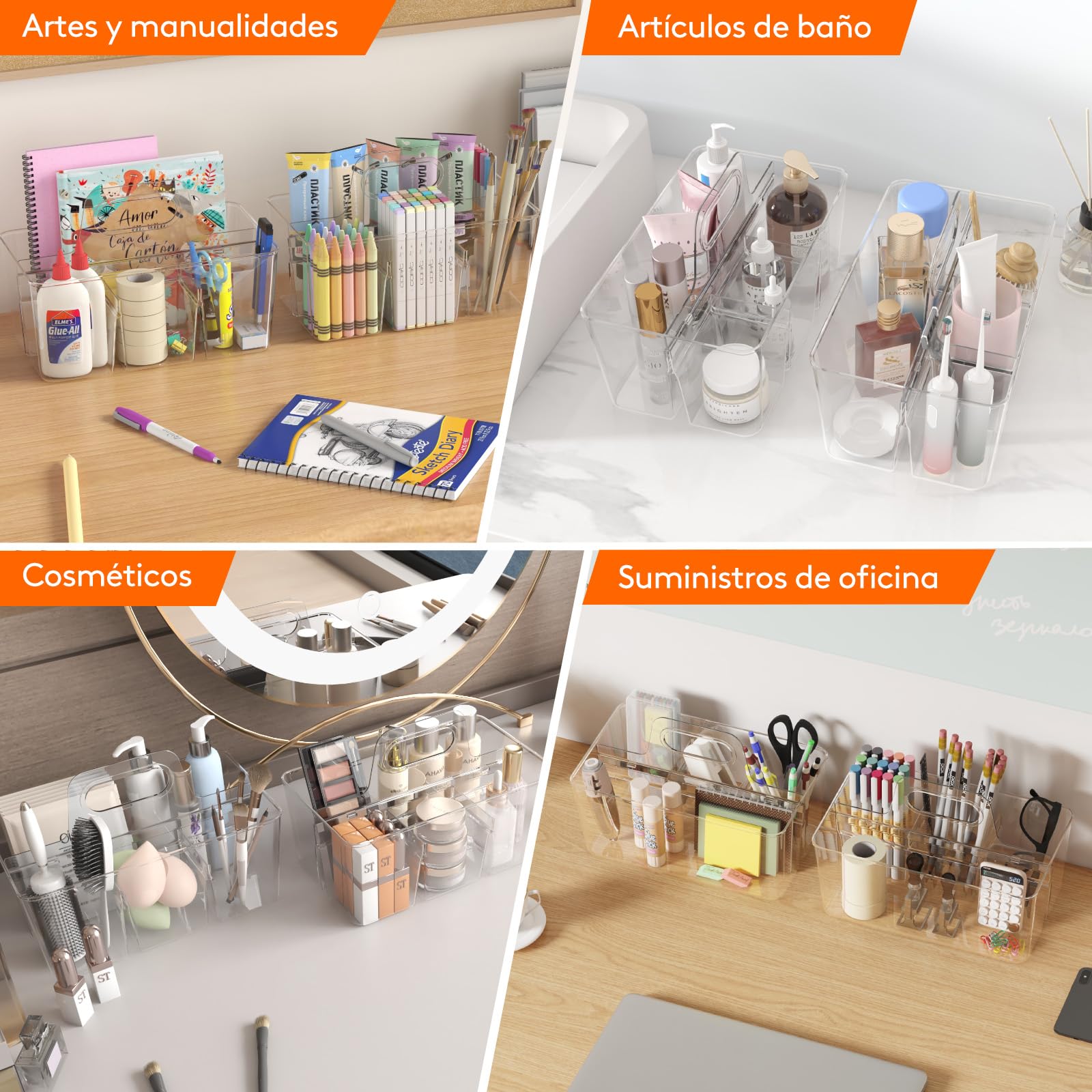 Lifewit Cestas Almacenaje Plastico, Apilador de Caddie Dividida con Manija para Cosméticos, Costura, Herramientas Pequeña, Organizadora para Lápices, Transparente, 2 Piezas