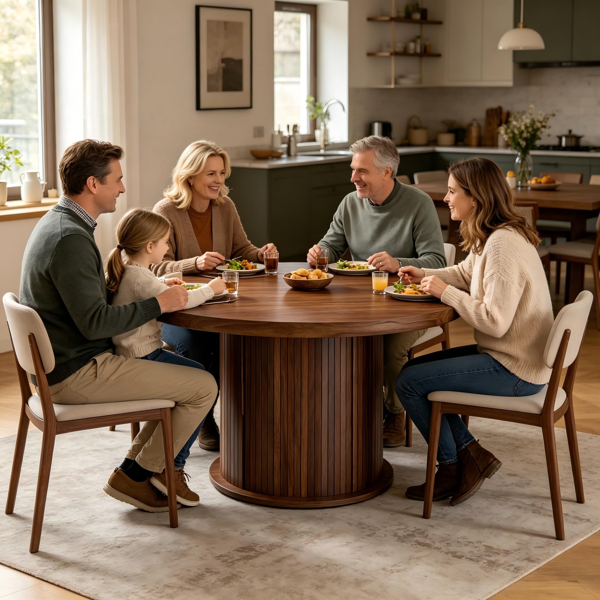 Tavolo da Pranzo Rotondo 120 cm, Tavolo Cucina per 4-6 Persone con Funzione di Ripostiglio e Portata fino a 150 kg, per Sala da Pranzo, Cucina, MDF, Noce Scuro, 120 x 120 x 75 cm