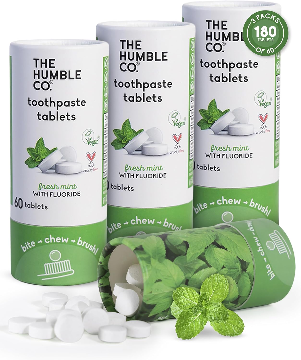 The Humble Co Chewable Toothpaste Tablets with Fluoride, Mint - Bite, Chew, Brush - Zero Water & Plastic Free Toothpaste Tabs - Travel-Friendly & Waste-Free Dental Oral Care Hygiene - 180 Count