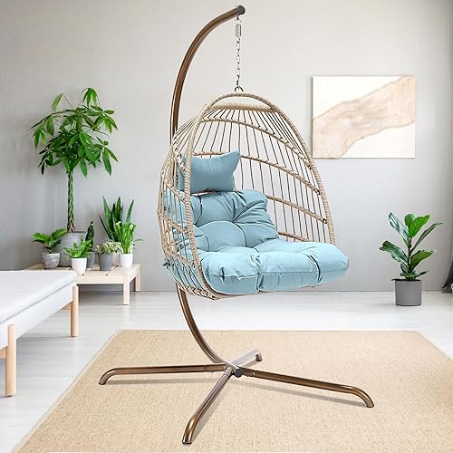 Silla de huevo oscilante con soporte, para interiores y exteriores, mimbre de ratán para patio, silla colgante con cojines resistentes a los rayos
