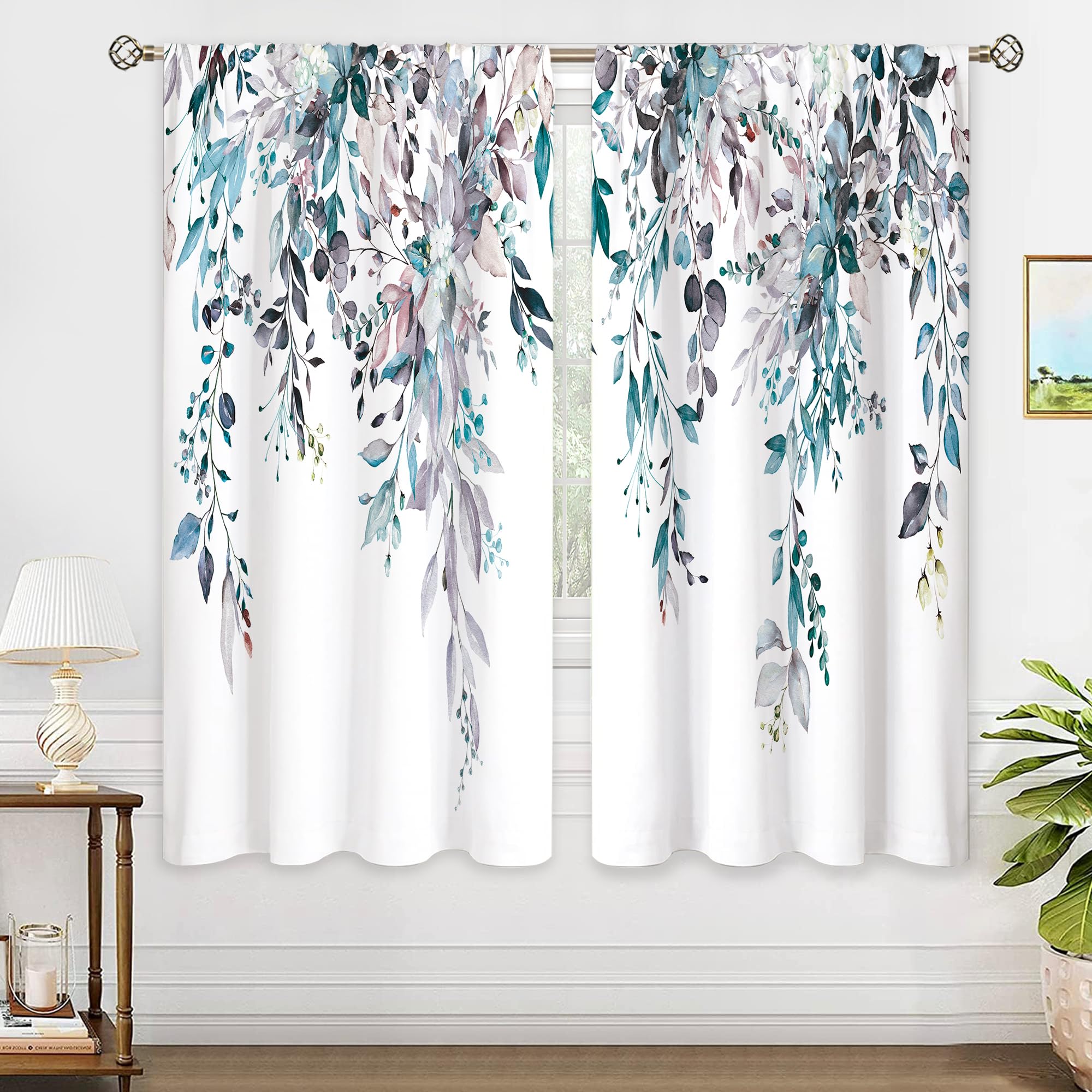 oolygoo Light Blue Grey Eucalyptus Botanical Leaves Floral Window Curtains Watercolor Flower Plant Wildflower Farmhouse Curtain Drapes Herb Curtains for Bedroom Living Room Treatment 42Wx63H Inch — image 1
