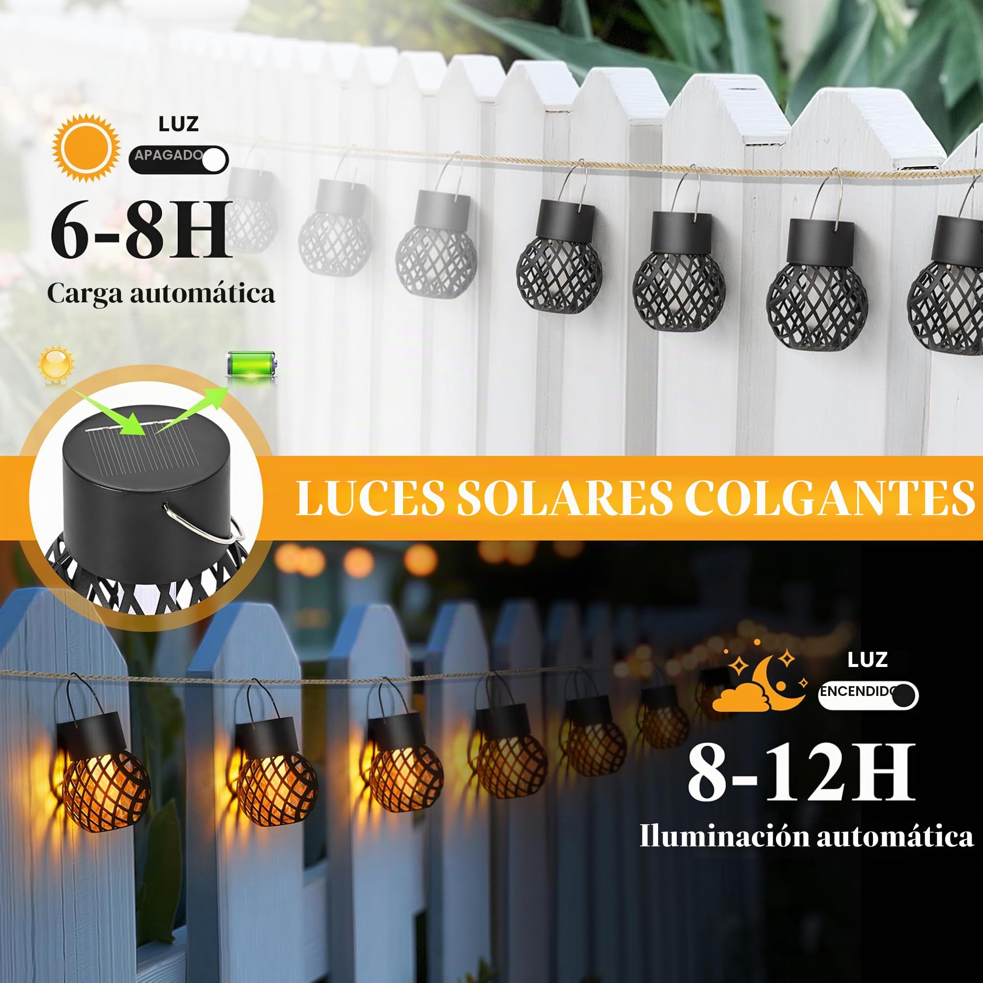 GIGALUMI Paquete de 8 luces solares colgantes de llama parpadeante, luces solares impermeables para jardín, patio, valla, árbol