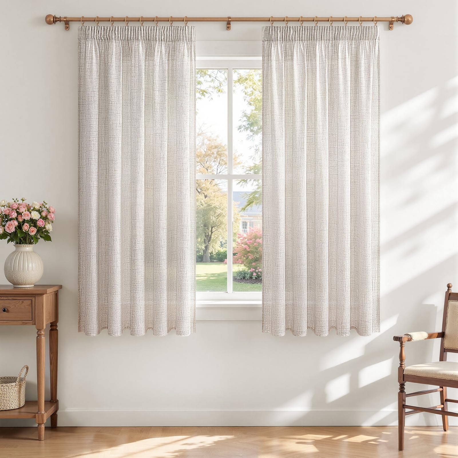 MRTREES Curtains with Ruffle Tape, Linen Look, Short Window for Living Room Modern Bedroom Children's Room, Linen Curtain, Semi Transparent, Country House Style, 2-piece Set, 160 cm Long, 140 cm Wide