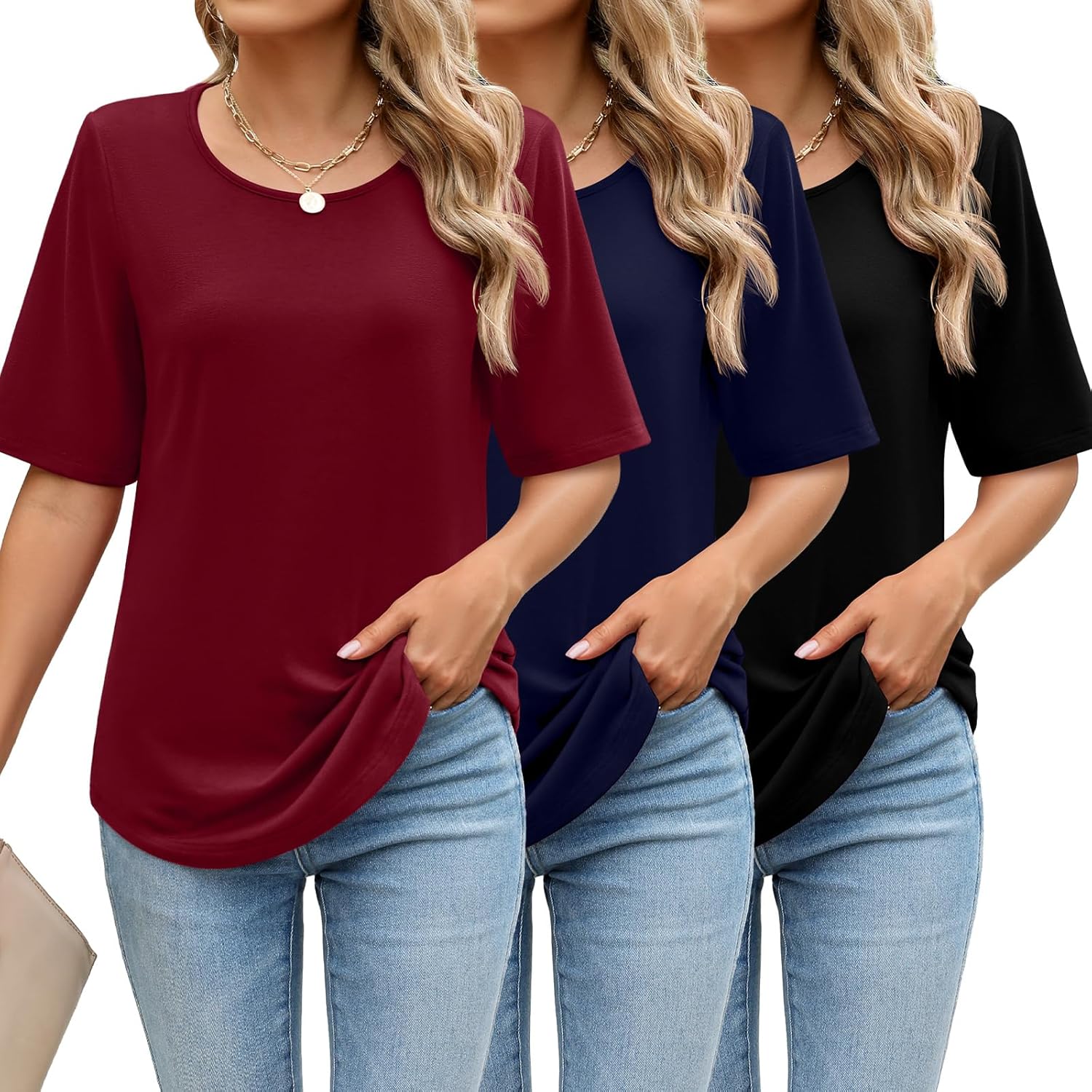 Huukeay 3 Pcs Womens Half Sleeve Top Elbow Length T Shirt Women Round ...