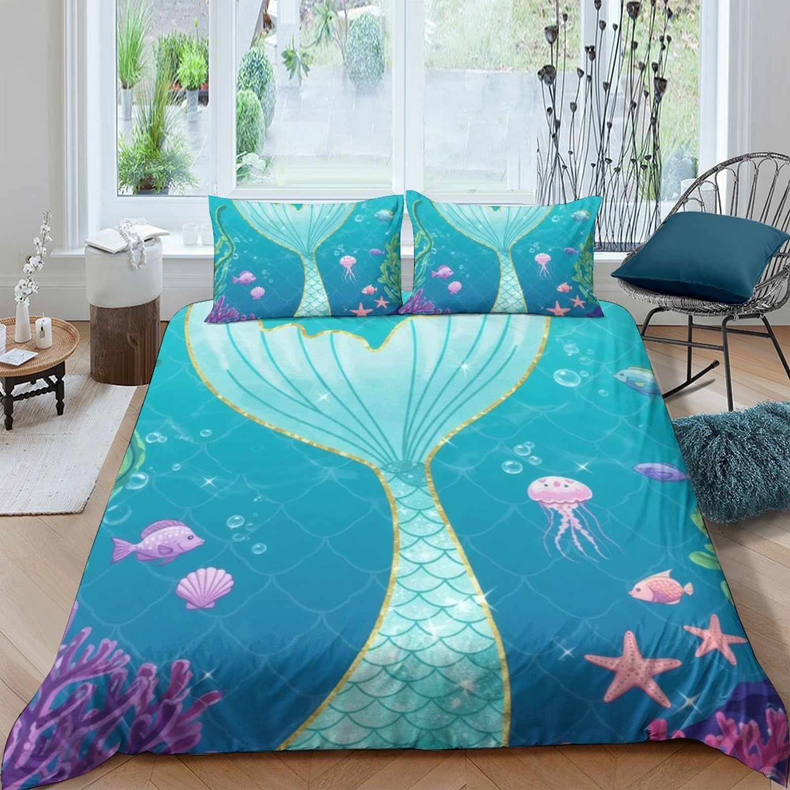 Ctjqhvkz Style-8 3D Printed Mermaid Tail Fitted Sheet Microfiber Soft Blue Ocean Marine Life Mattress Cover For Bedroom Dorm Home Decor Single（135X200cm）