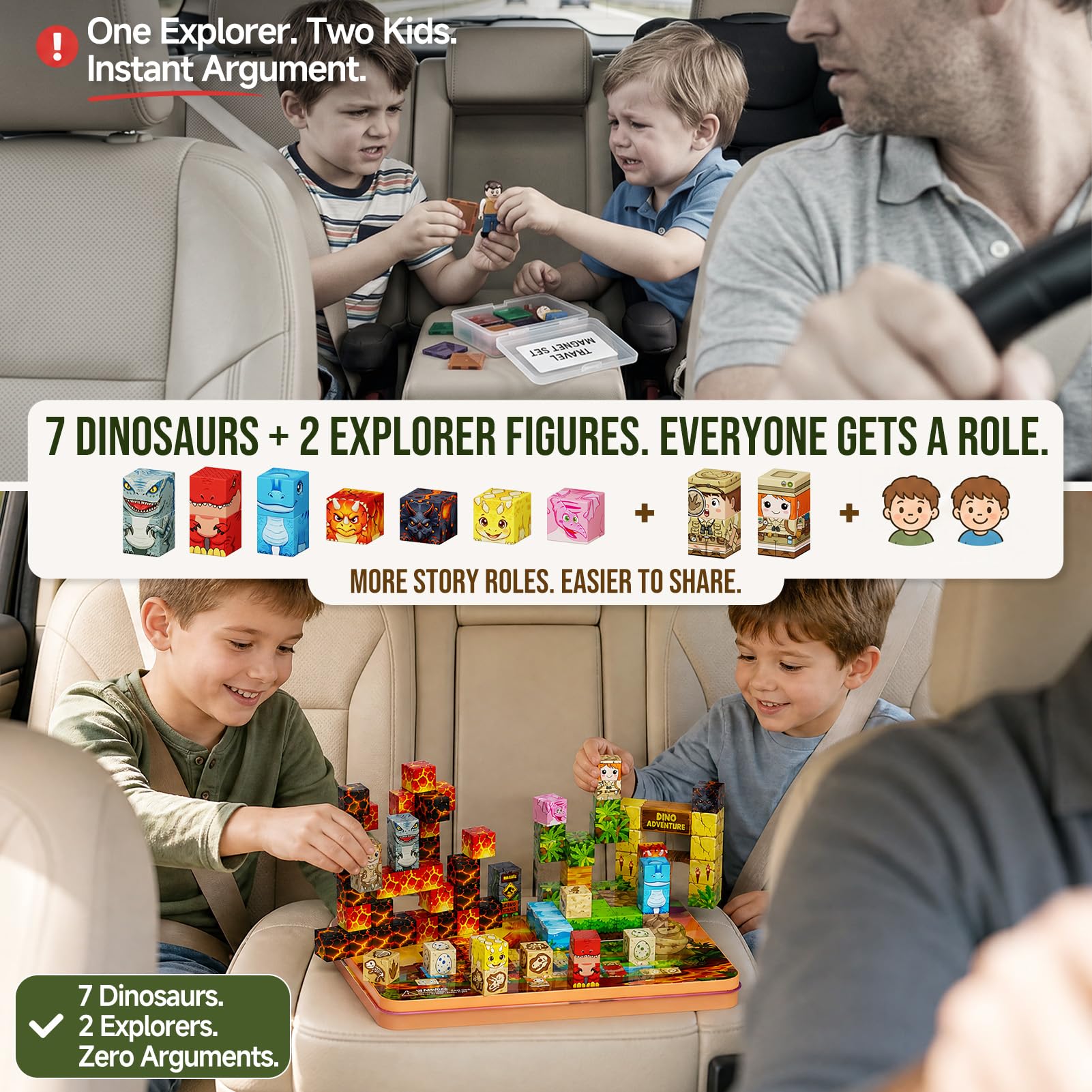 Set di 100 pezzi di blocchi magnetici dinosauri – 90+ minuti di intrattenimento per giochi di gruppo (bambini dai 3 agli 8 anni) – giocattoli da viaggio silenziosi per auto, aereo e ristorante
