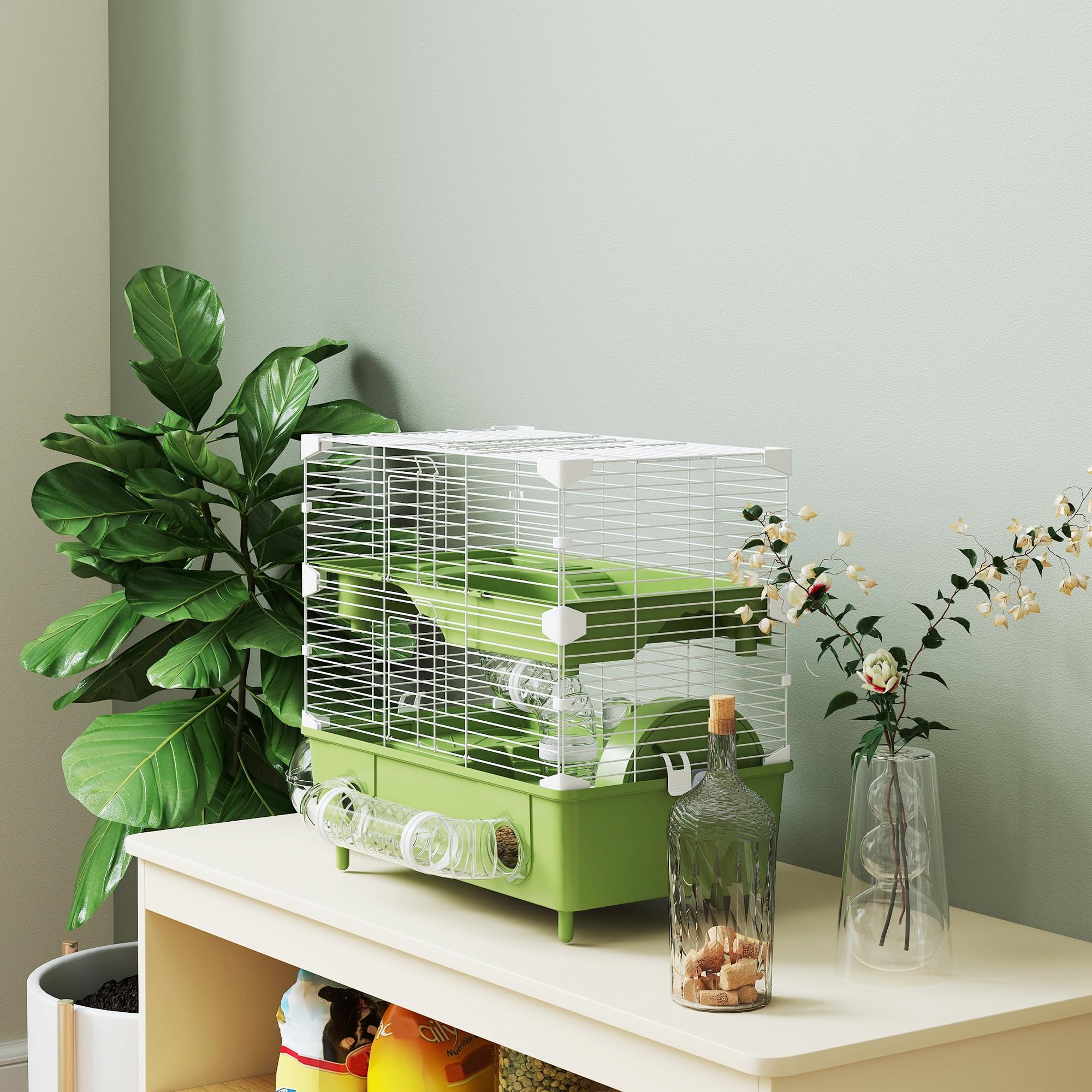 PawHut Gabbietta per Criceto a 2 Livelli e 3 Porte con Ruota Silenziosa, Lettiera e Tubi di Gioco, Gabbia per Animali in Acciaio, PS e PP, 44.5x28x44 cm, Verde e Bianco