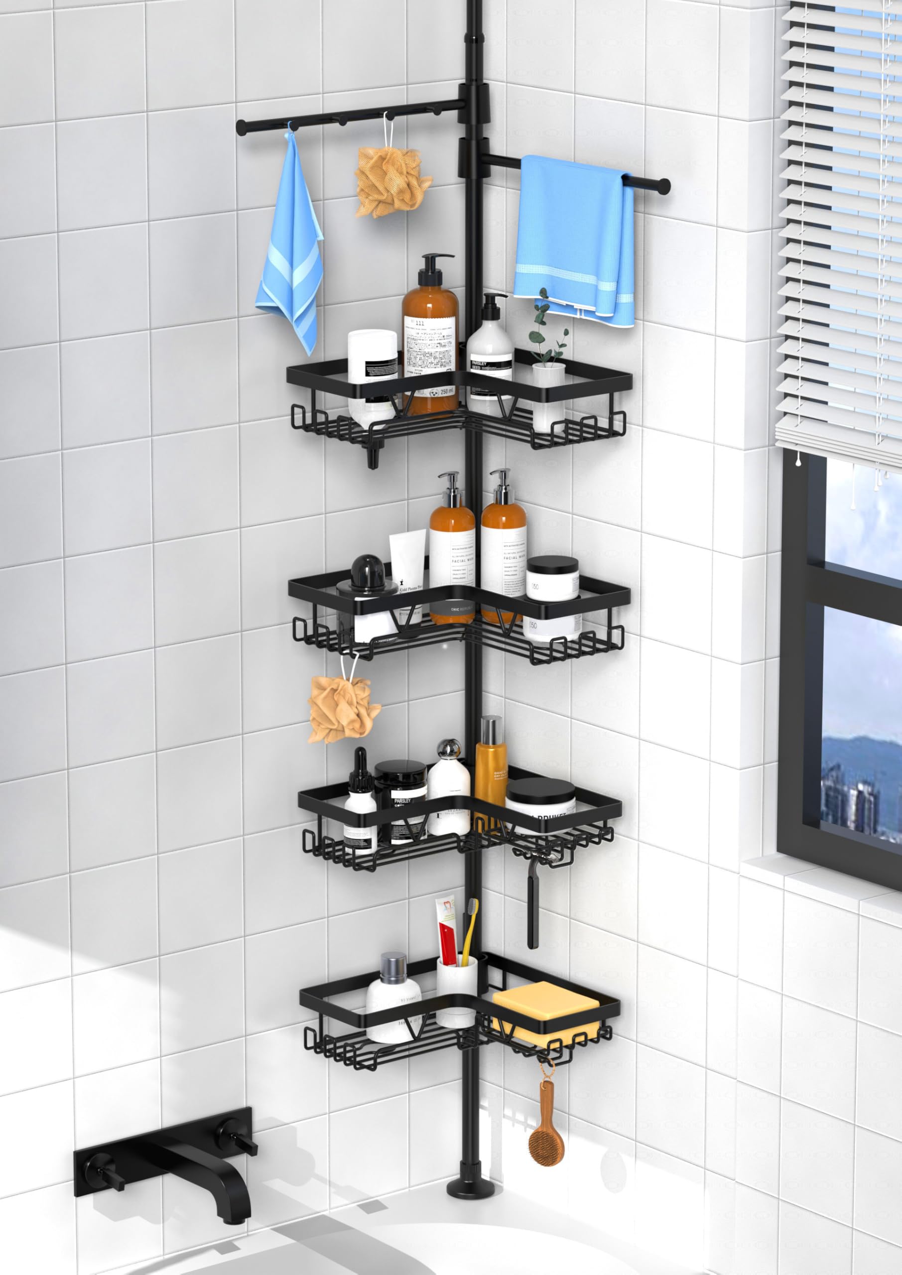 KEGII Telescopic Shower Caddy with 2 Towel Holder, Extendable Bathroom Caddy Corner Shower Organiser, Rustproof Bathtub Storage Shelves for Shampoo(Floor to Ceiling 63.5-290cm) — image 1