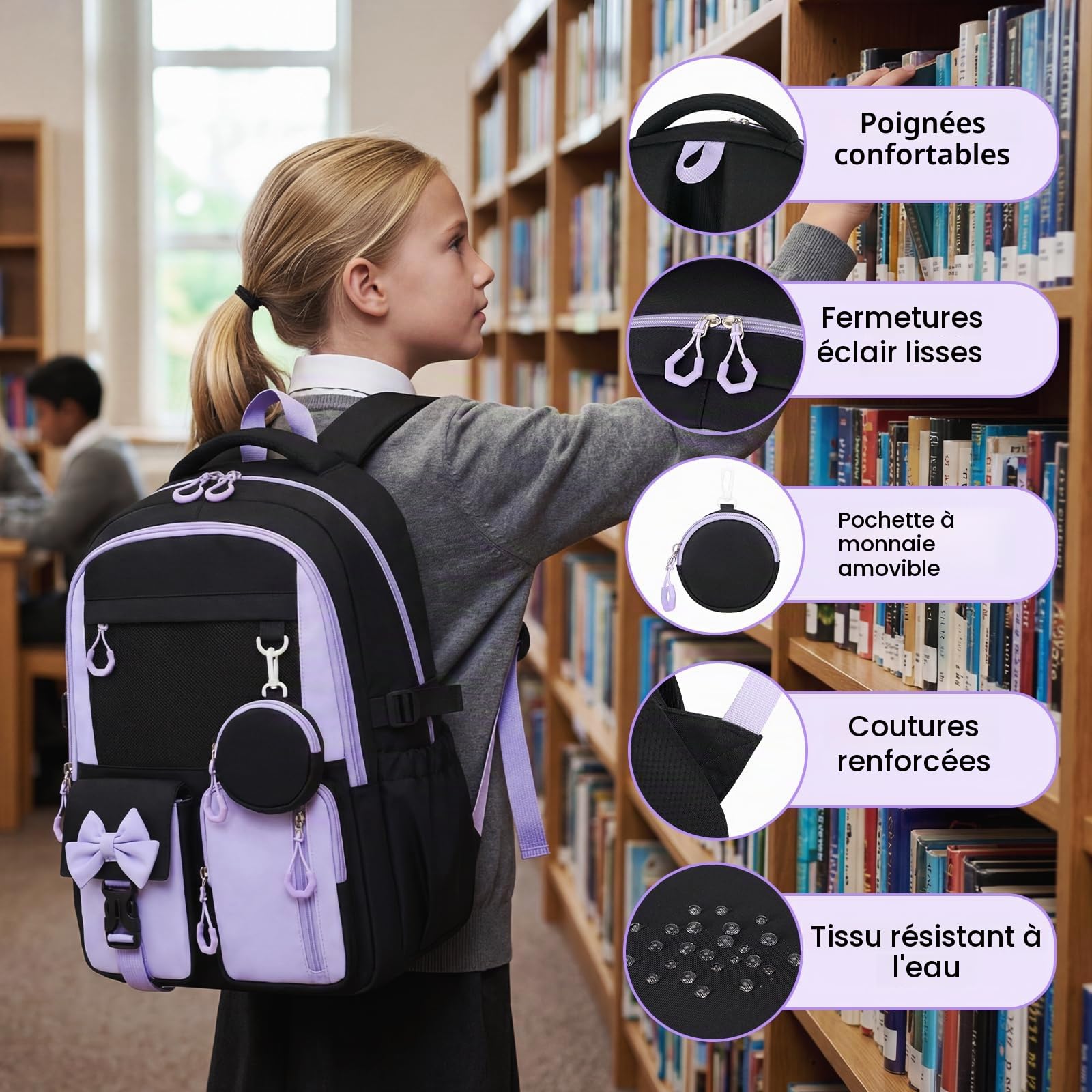 Amythe Cartable pour Filles Primaire et Collège - Sac à Dos Enfant Ergonomique avec Bandes Réfléchissantes - Sac D'école Fille CE2 CM1 CM2 Imperméable Léger pour École Voyage -Violet