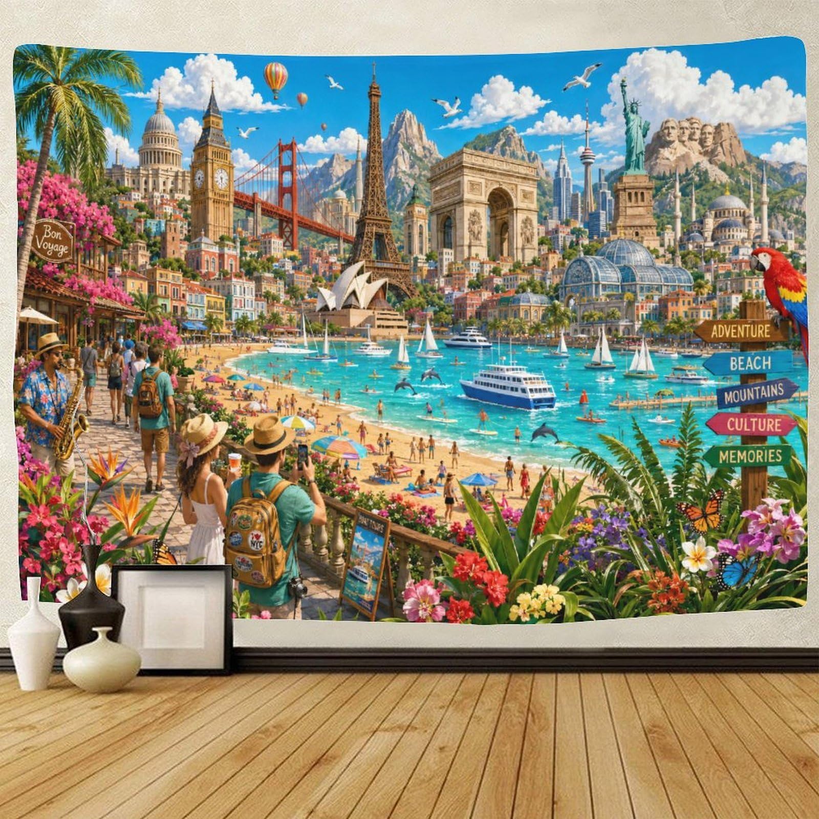ASDFGHJKLZA World Famous Landmarks Collage Wall Hanging Decor Wall Art Decor 3D Print Tapestry Tapestries Poster Home Decoration Bedroom College Dorm 130cmx150cm