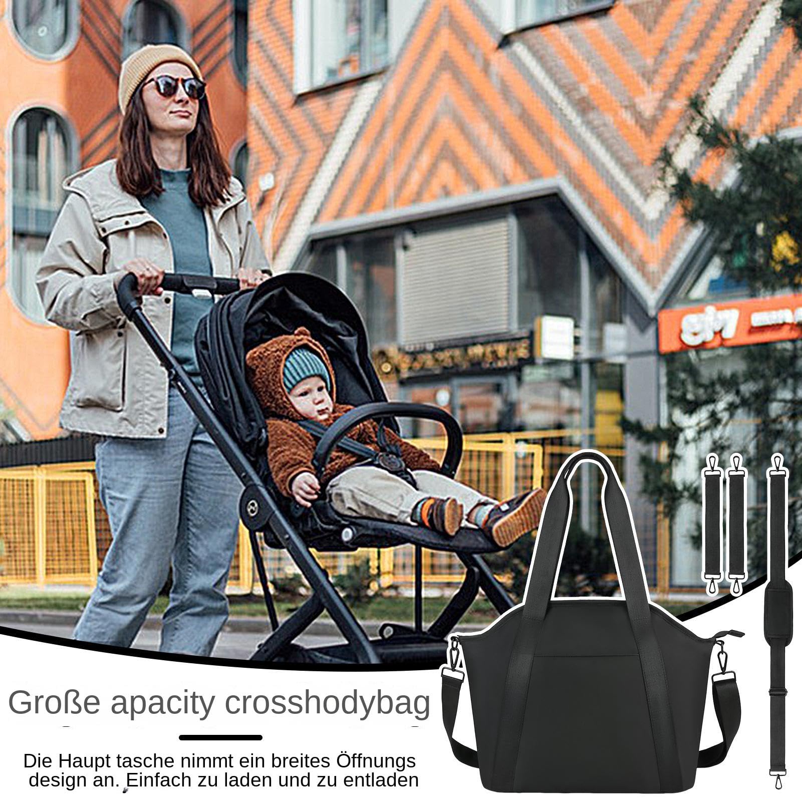 Borsa fasciatoio da donna, organizer per passeggino, impermeabile | borsa per la mamma, borsa fasciatoio, tracolla con grande capacità per vestiti da viaggio, salviettine umidificate, Nero , ve