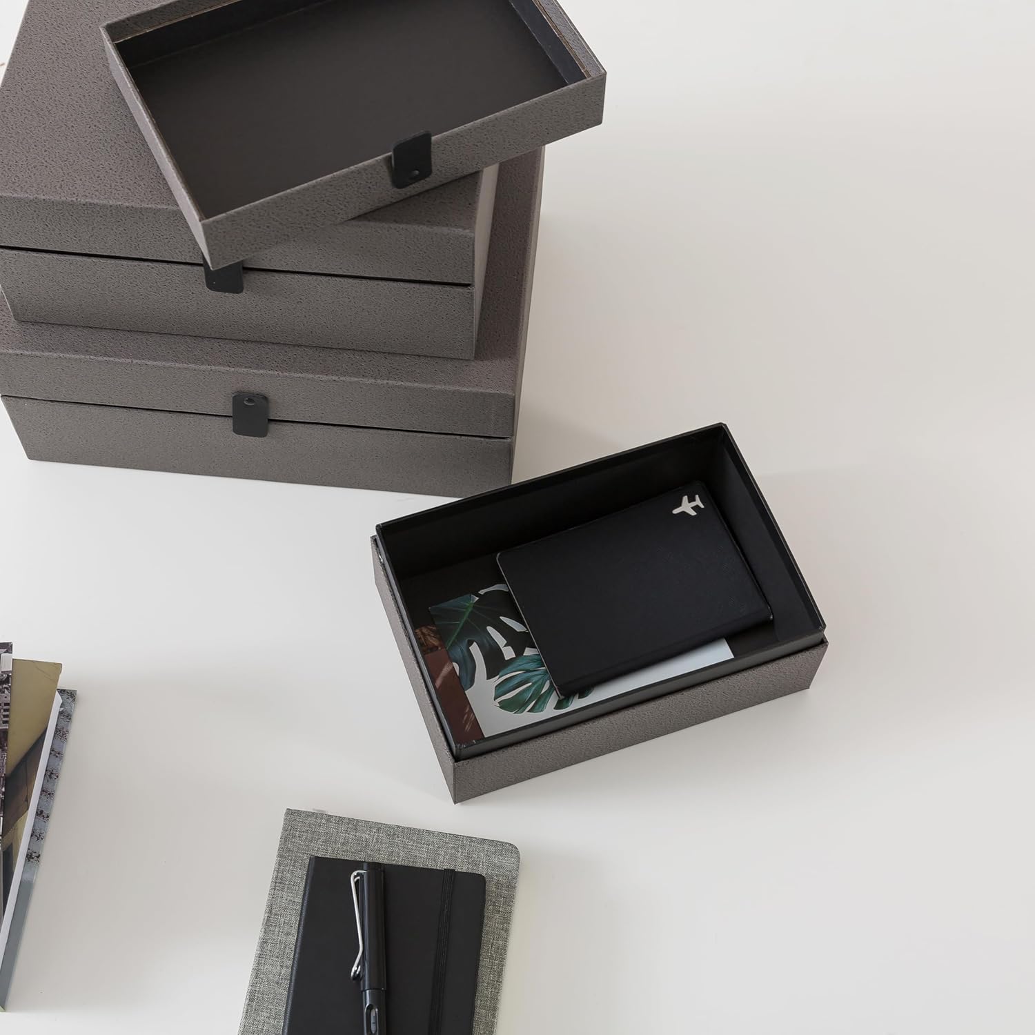 Soul & Lane Decorative Cardboard Boxes with Lids - Set of 3, Keepsake Boxes for Memories, Stackable Photo Storage Organizer, Decorative Storage for Home Decor and Shelves, Graphite Grey