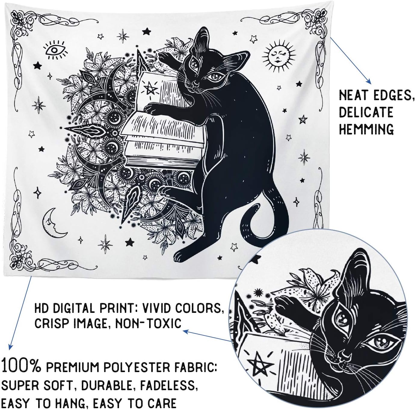 Gothic Witchy Tapestry Witchcraft Magic Moon Skulls Spells Witch Kit Black and White Wall Hanging Goth Wall Decor Witch Tapestry (Cat, 59"x79")