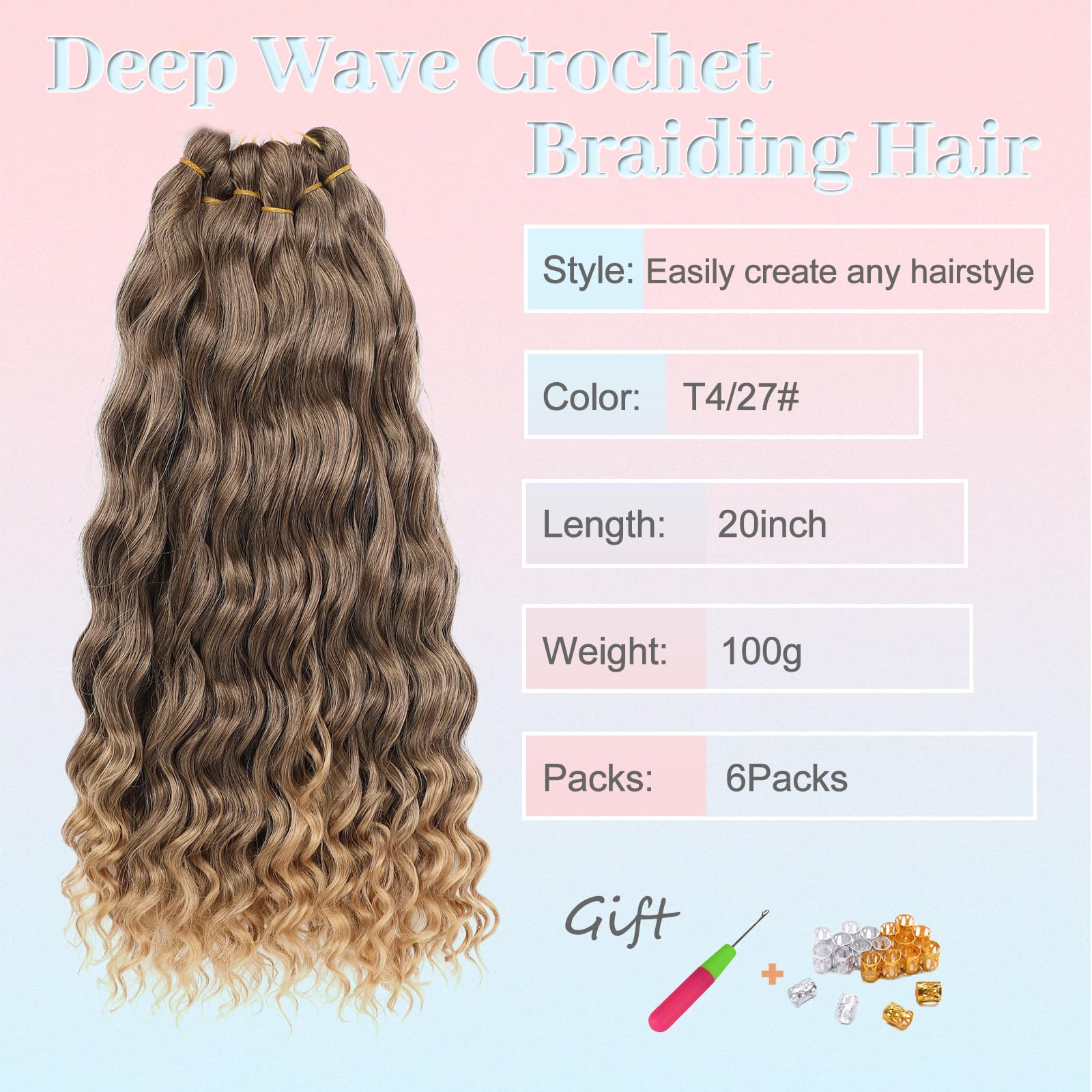 MLETULIPS Curly Crochet Braiding Hair Extensions Deep Wave Braiding Hair Ocean Wave Crochet Hair Soft Synthetic Bohemian Curly Water Wave Crochet Braids for Women (T4/27# - Image 2