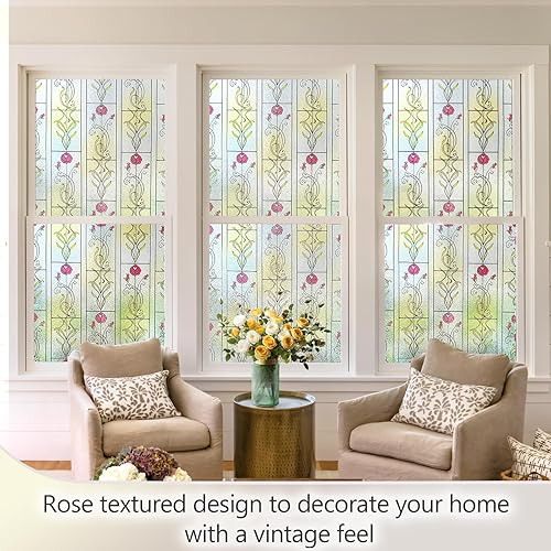 Miniatura 7 de Película de privacidad para ventana, vitral, esmerilado, película decorativa para ventana con flor de rosa, adherencia estática, calcomanías de
