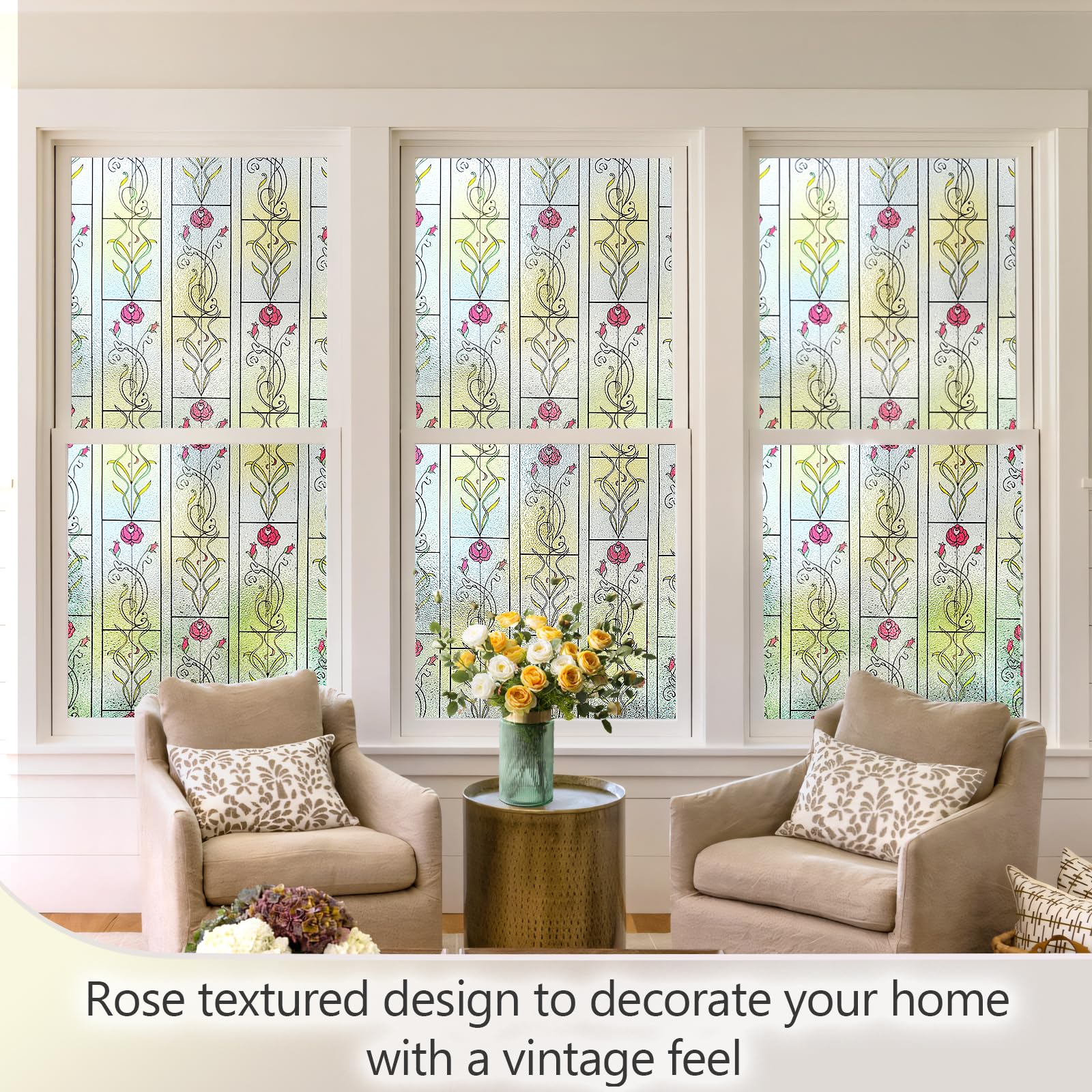 KESPEN WINDOW FILMS Film de confidentialité pour fenêtre – Film décoratif pour fenêtre en verre dépoli avec fleur de rose – Autocollant statique non adhésif pour verre – Contrôle de la chaleur pour la