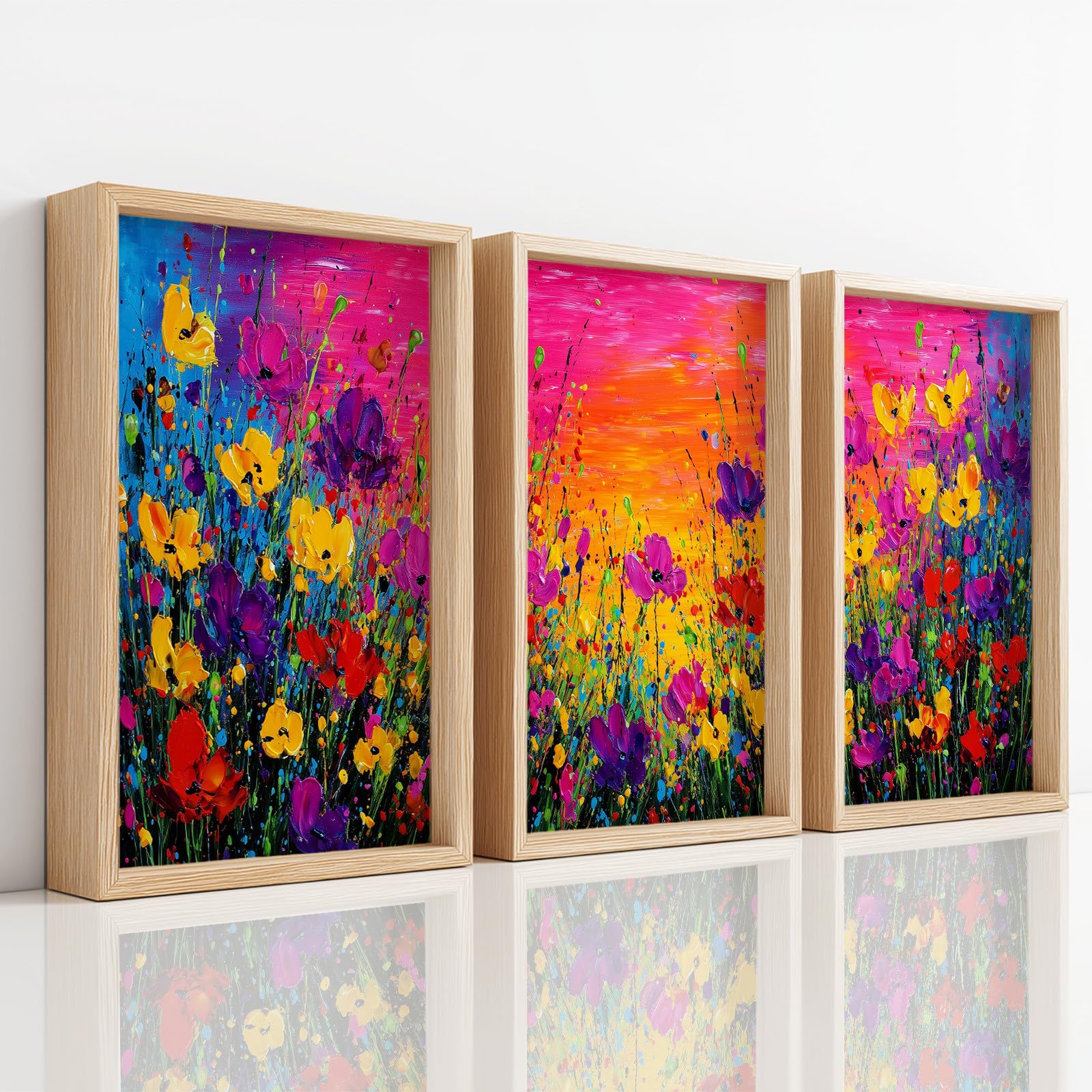 Generisch 3-teiliges Wandbild Leinwand Set 50 x 70 cm, Ohne Rahmen Triptychon Ästhetische Kunstdrucke Ölgemälde Floral für Wohnzimmer & Schlafzimmer, Blume Wildgras Farbig Sonnenuntergang Himmel