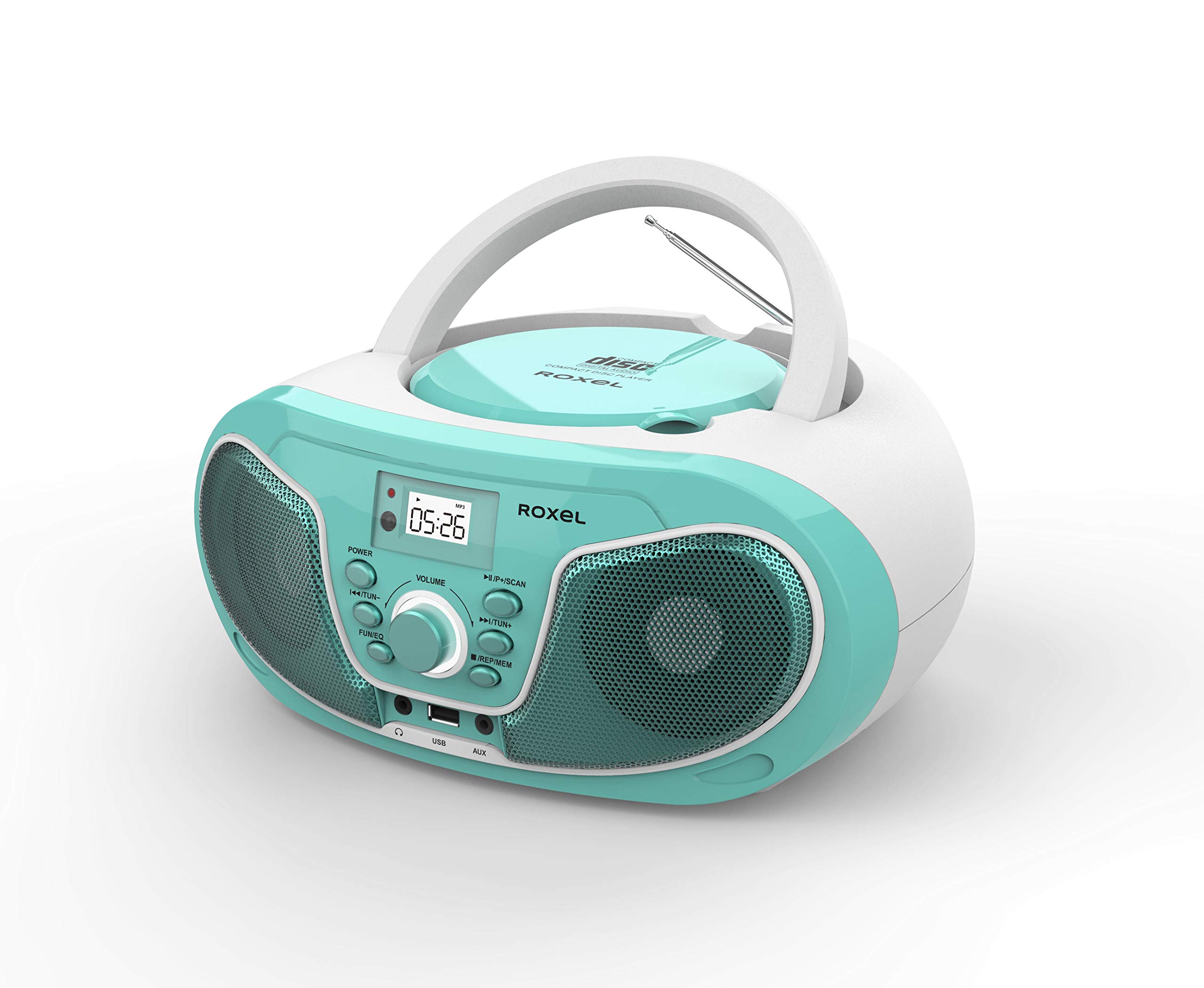 Roxel RCD-S70BT Tragbarer Boombox CD-Player mit Bluetooth, Fernbedienung, FM-Radio, USB-MP3-Wiedergabe, 3,5 mm AUX-Eingang, Kopfhöreranschluss, LED-Display (Blaugrün)