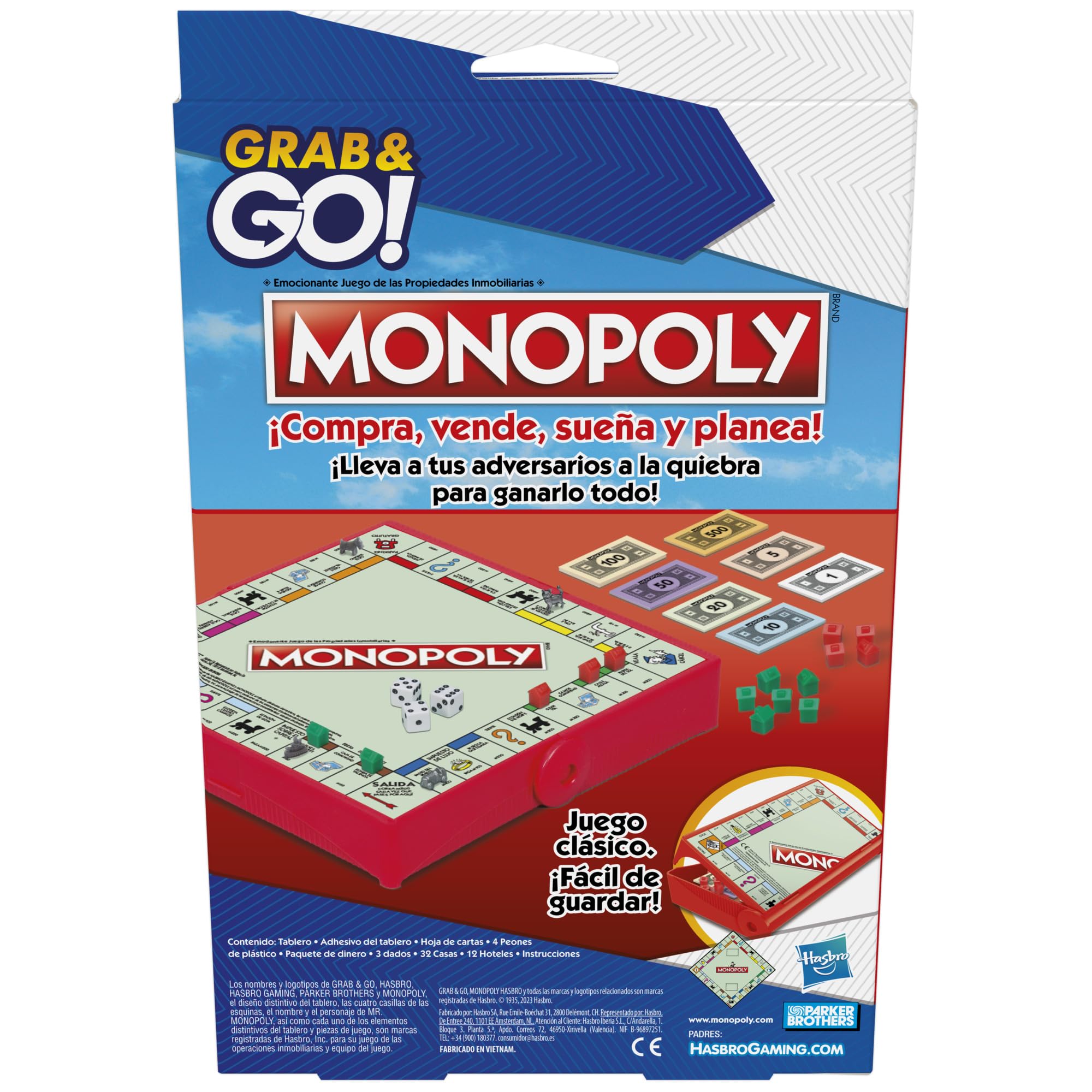Hasbro Gaming Monopoly Grab and Go, Juegos de Mesa Portatiles, 2 a 4 Jugadores, a Partir de 8 Años, Habilidad y Estrategia, Regalo de Cumpleaños