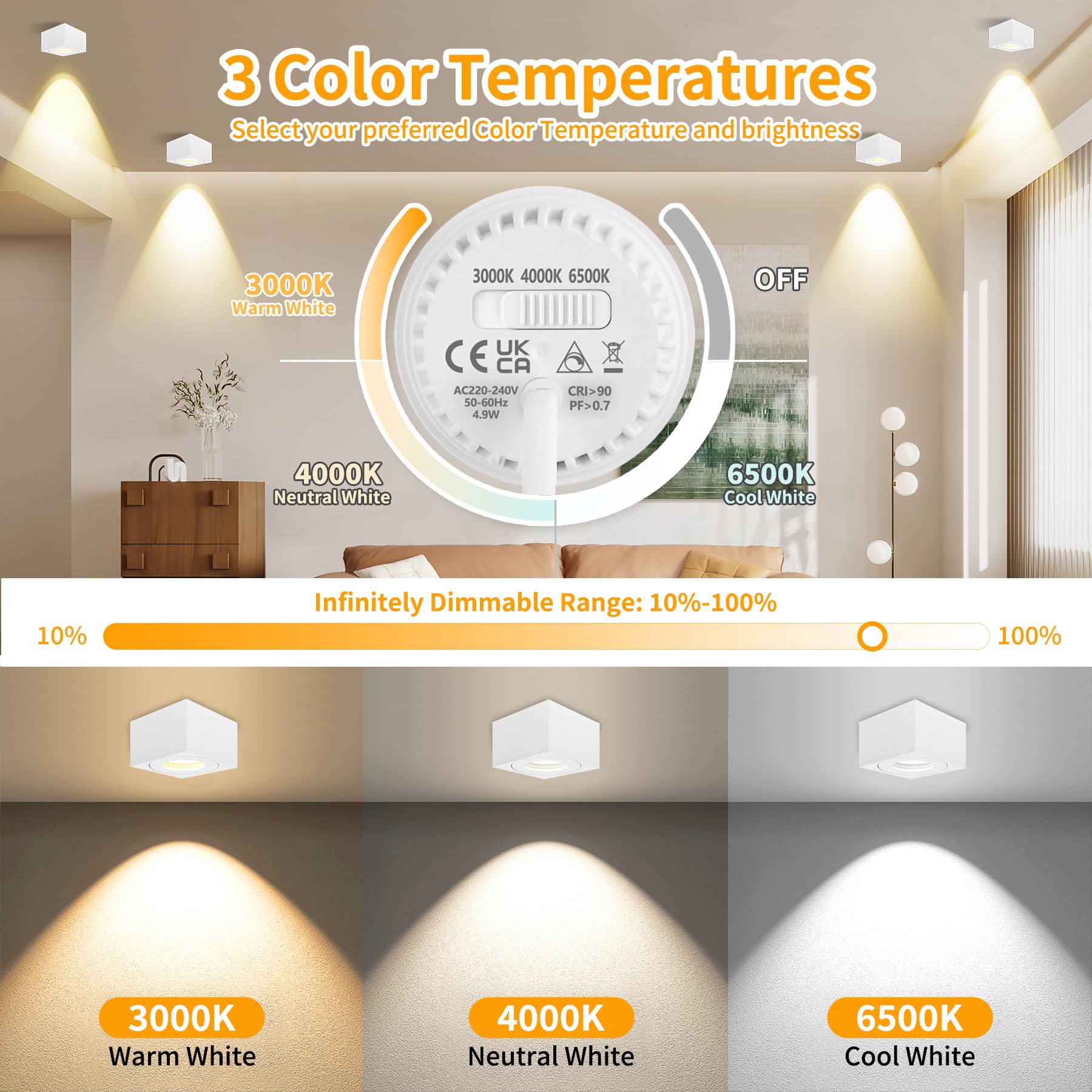 2x Spots de plafond Blanc, Carré, Dimmable, IP44 salle de bain, Spot plafonnier plat Ø80x50mm, Comprend module LED remplaçable de 5W 550LM, 3CCT 3000K/4000K/6500K aluminium Spot LED en Saillie