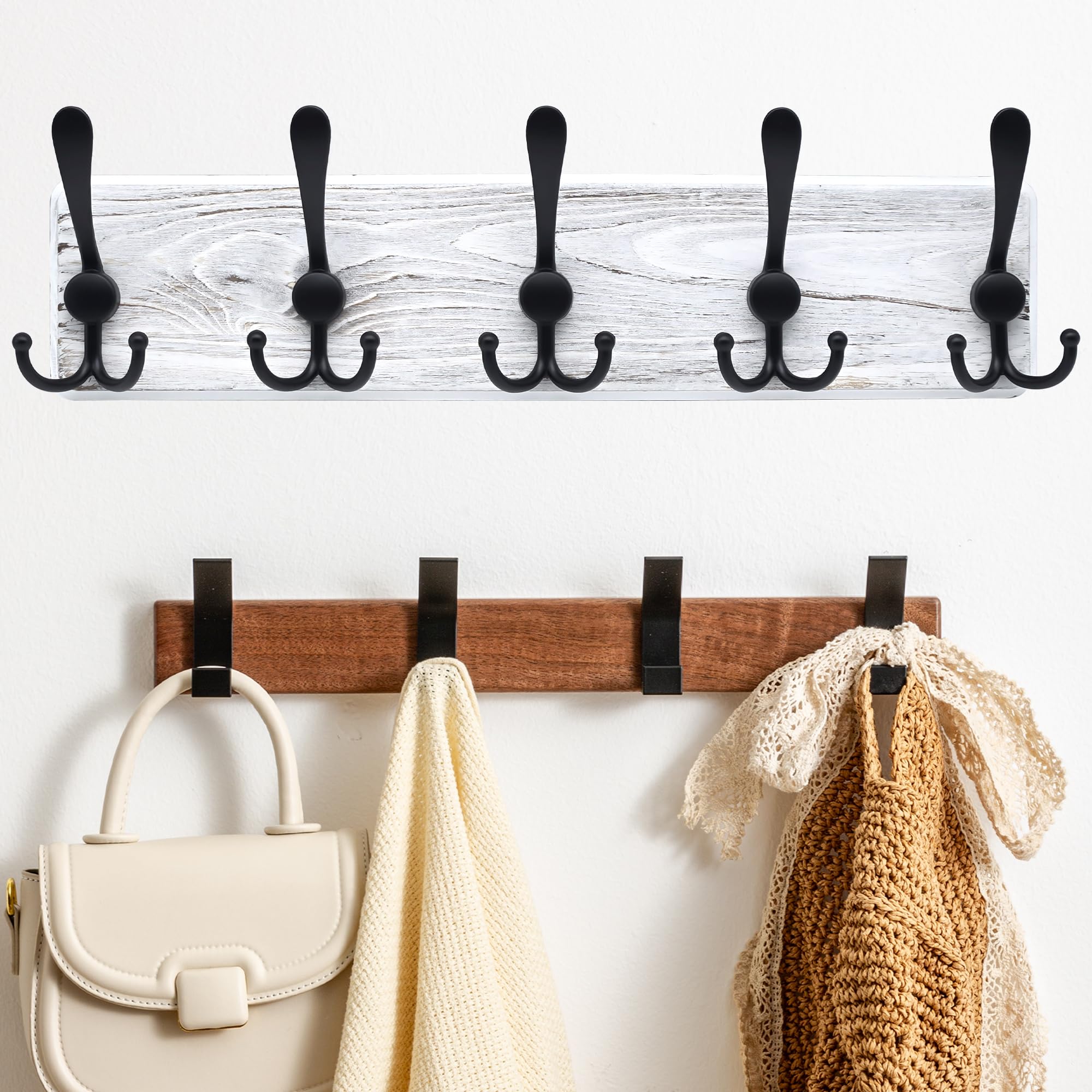 RVXHUAPremium Wall Hook Bundle Set – Walnut and Pine Coat Racks with Triple Hooks for Stylish Home Organization
