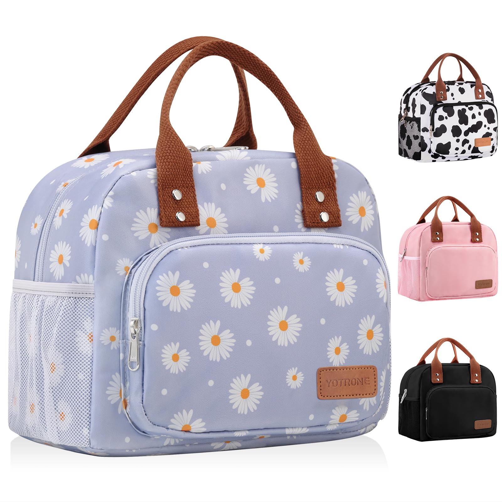 Yotrone Lunch Bag Women,Insulated Lunch Box Lunch Bag for Women Men Work Adult Cute Small Lunch Tote Bag, Large Capacity Reusable Cooler Containers for Travel Picnic Office or Beach(Blue Daisy)