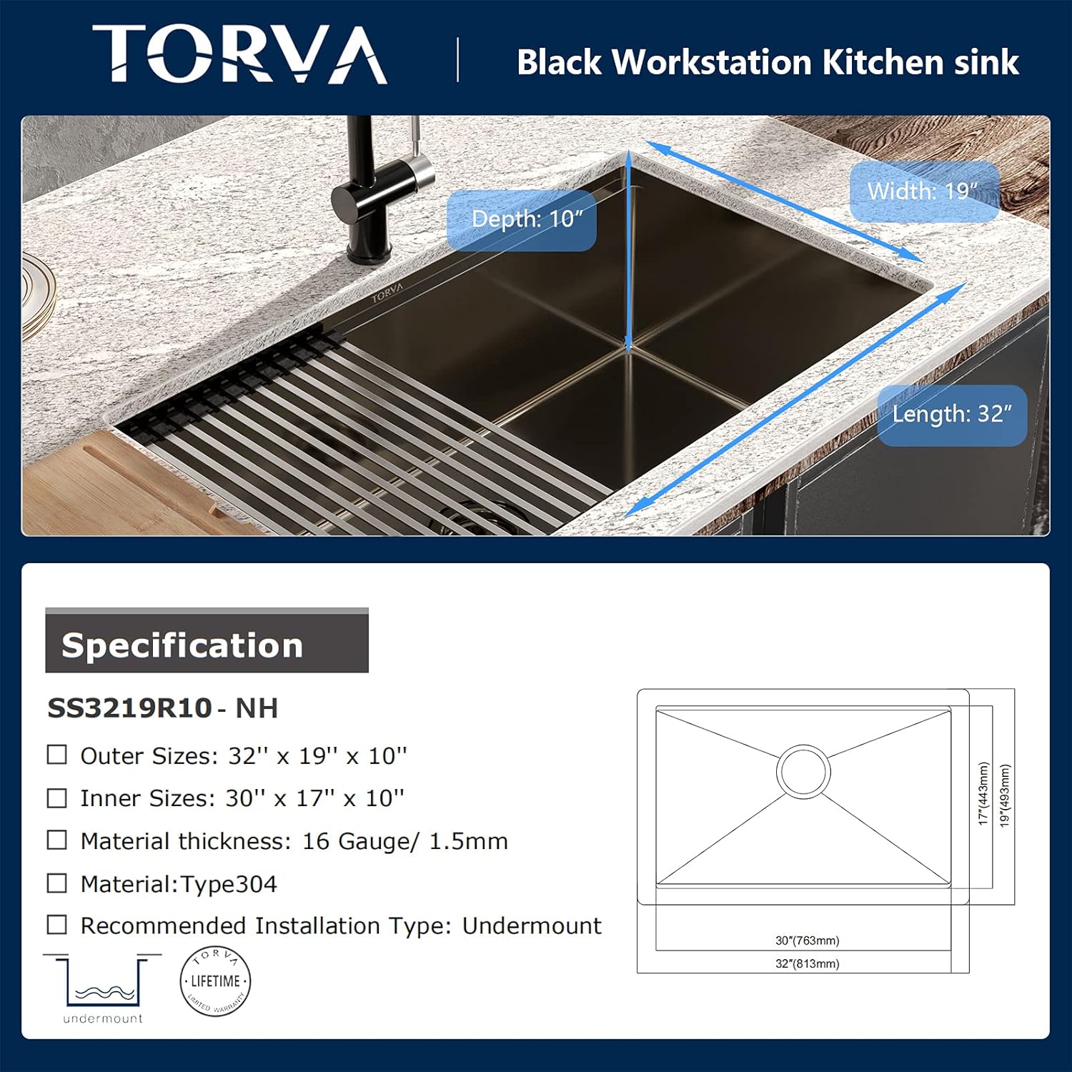 TORVA 32-Inch Gloss Black Workstation Undermount Single Bowl Kitchen Sink - 16 Gauge Stainless Steel, PVD Coated Gunmetal Finish, NanoTek with Bamboo Cutting Board and Drain Tray (Dark Gray)