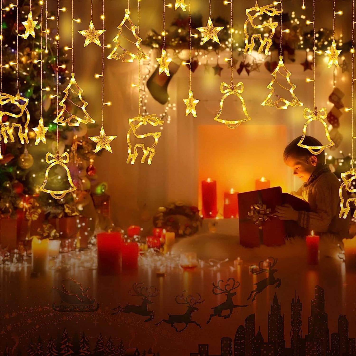 ELEUTH Tenda Luminosa Natale con 12 Stelle LED,138LED Luci di Natale da Esterno Interno IP44 Luci di Natale Catena Luminosa con 8 Modalità per La Casa,Balcone,Finestra,Giardino Decorazioni Natalizie