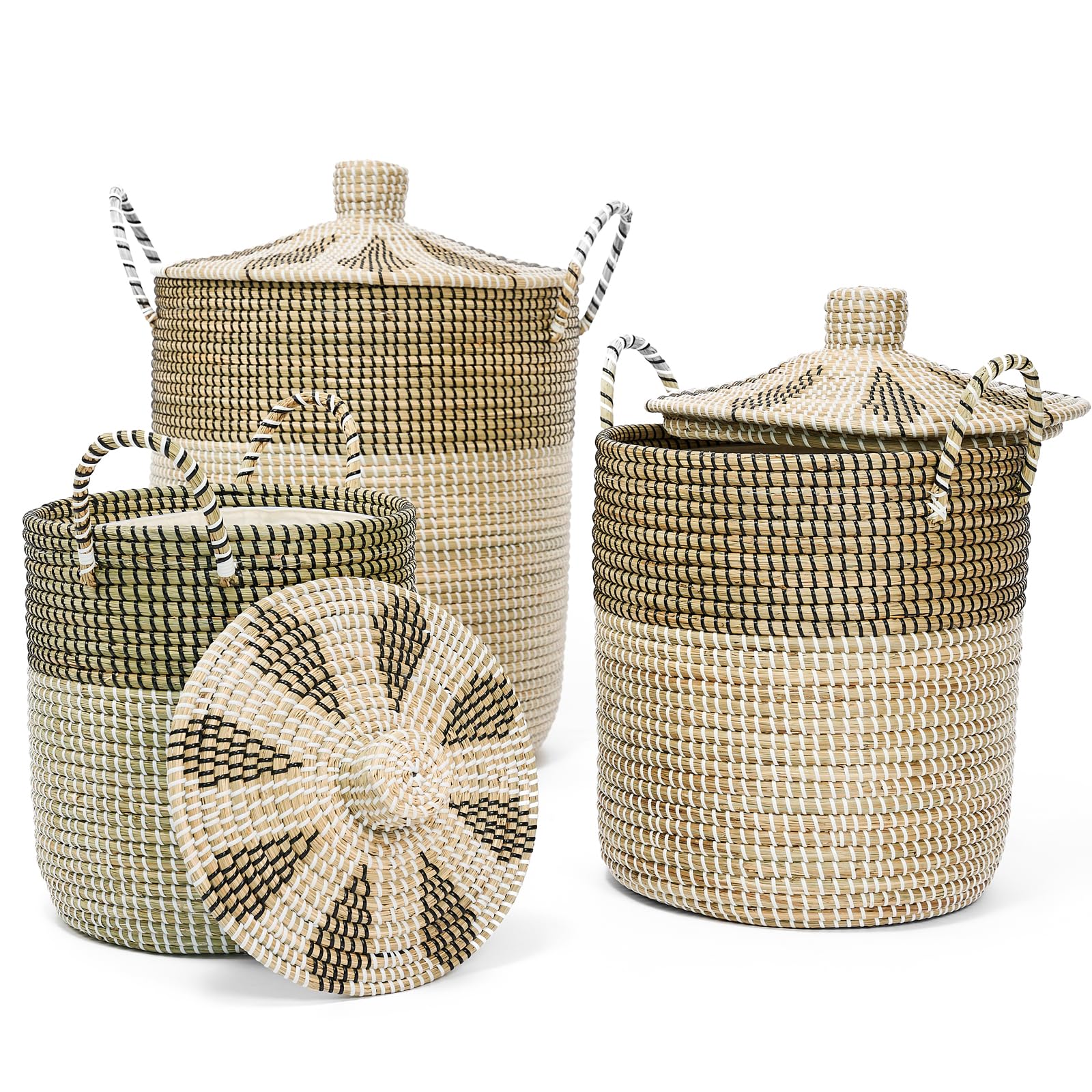 3 Stück Wäschekorb mit deckel, Aufbewahrungskorb geflochten, Seegras Korb groß (76L/43L/26L), Handgefertigtes in Vietnam, für Aufbewahrung, Wäsche, Spielzeug, Heimdekoration, Badezimmer, Wohnzimmer