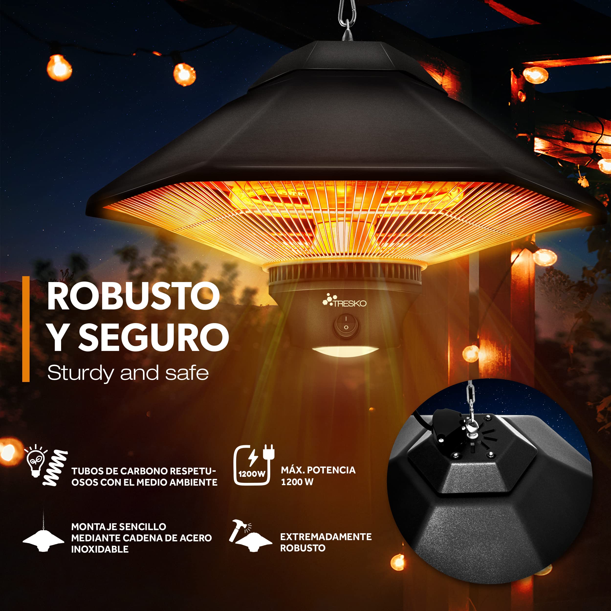 TRESKO Calefactor por Infrarrojos de Pared | 1200W + Control Remoto + Pantalla LED | Estufa Radiante de Terraza con 2 Temperaturas | Radiador Eléctrico para Exterior e Interior | Calentador de Techo