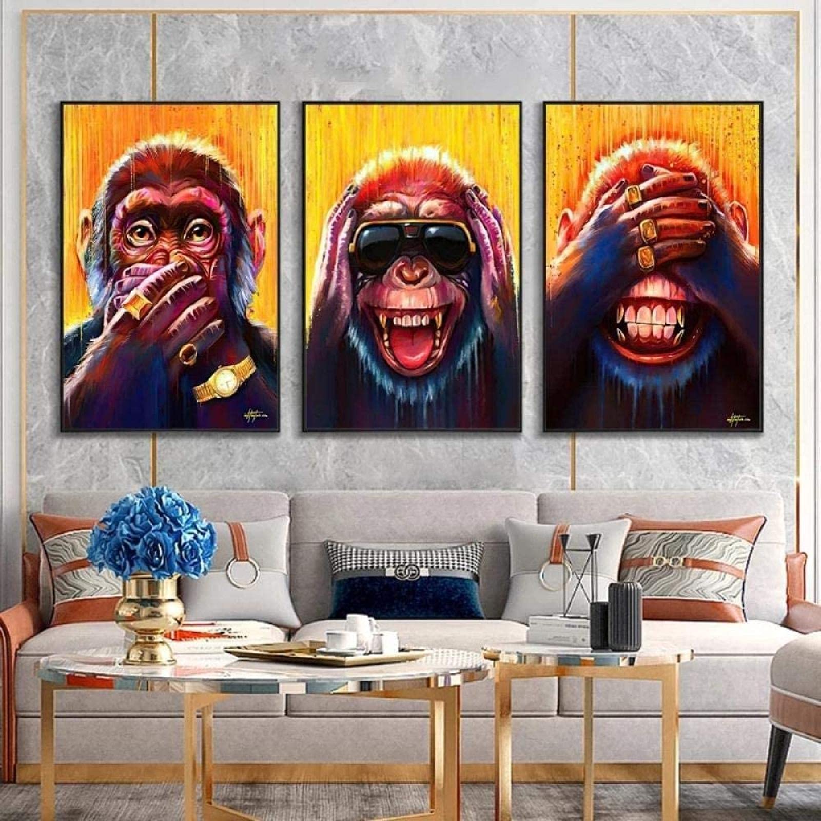 SHSYFBH Pittura su Tela Astratta Divertente Scimmia Stampa Poster e Stampe Animali Scimmia Wall Art Immagini per Soggiorno Decorazioni per la casa 3 Pezzi 40x60 cm Senza Cornice