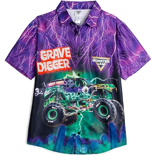 Monster Jam Matching Family Hawaiian Button Down Shirt Toddler to Adult Grave Digger