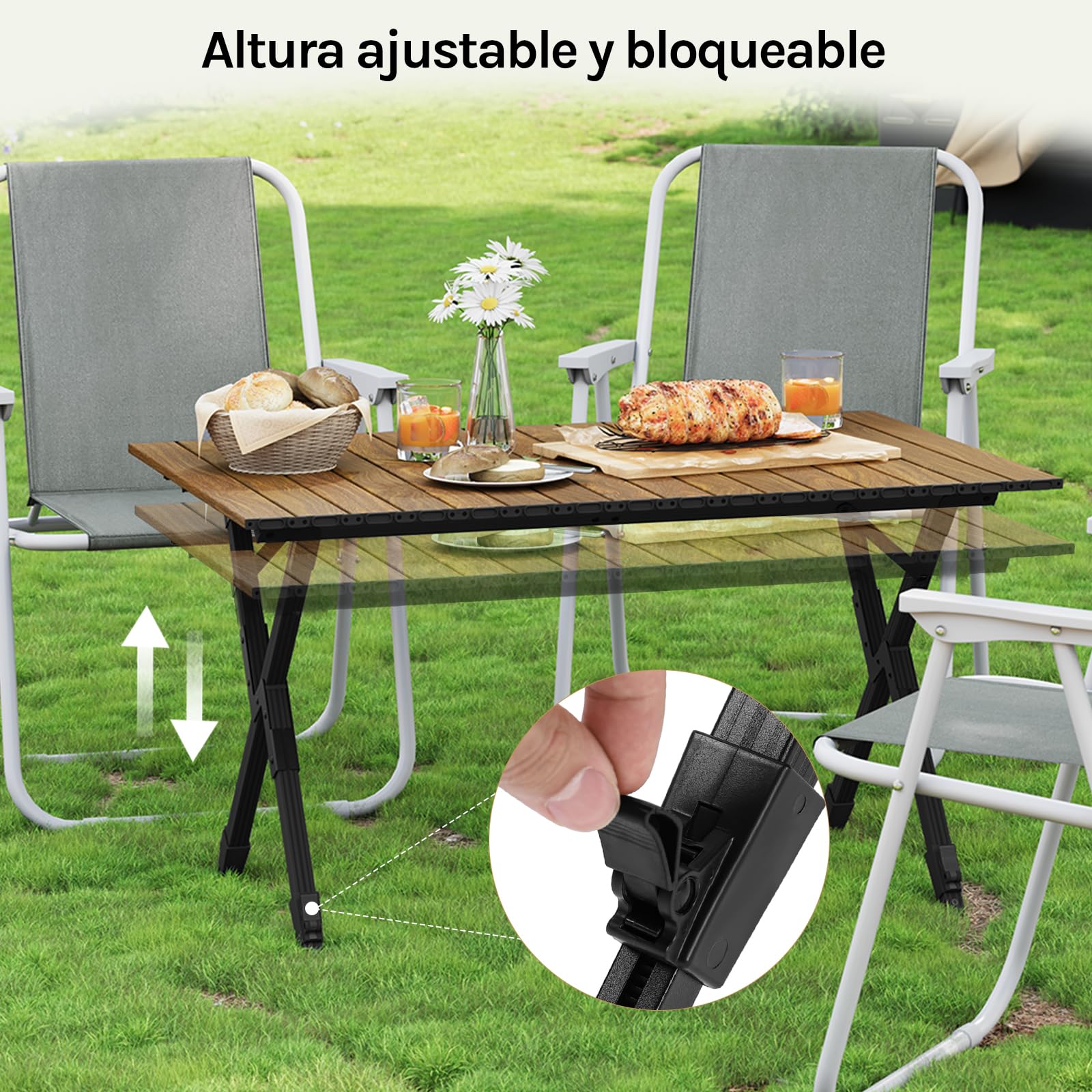 WOLTU Mesa Plegable Camping, Mesa Portátil de Exterior, Altura Ajustable, Tablero Enrollable, Bolsa de Transporte, Aluminio, Carga 50 Kg, para jardín, Picnic, Roble Claro, Roble Claro