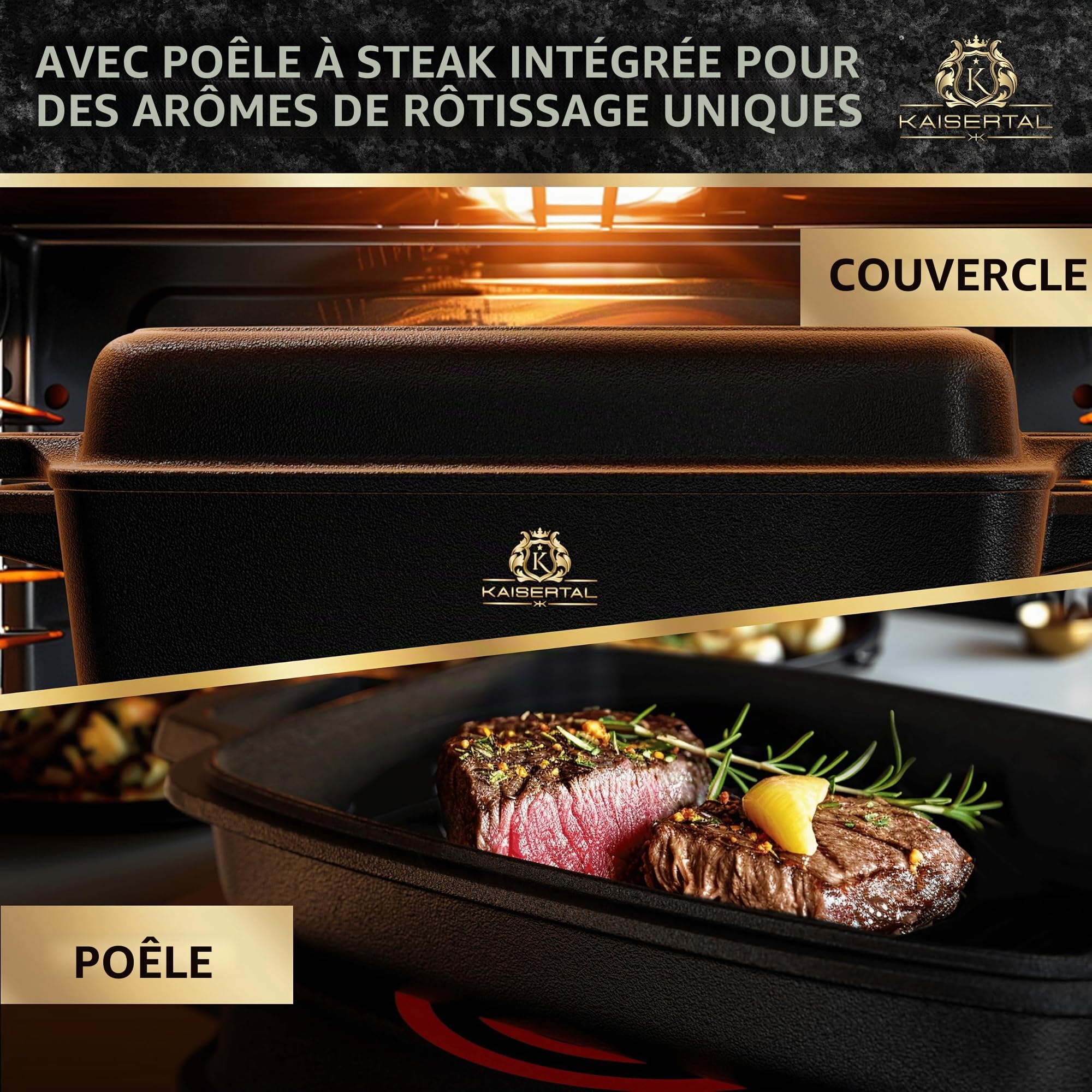 Kaisertal Cocotte ovale en fonte avec couvercle 32 cm - 10 L - Passe au four et à induction