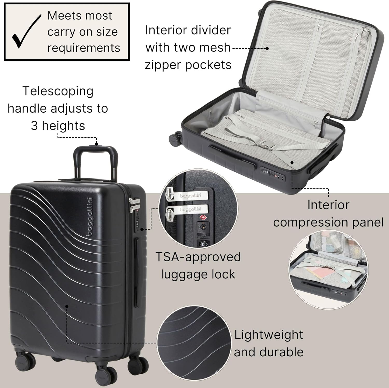Baggallini Set Wave 22” 4 Wheel Hardside Carry-On Luggage - Lightweight Carry On Suitcase with Wheels