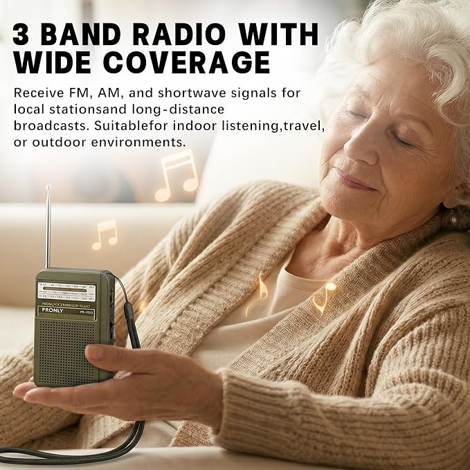 Radio portátil AM FM 3 bandas recargable con USB-C verde miniatura 6