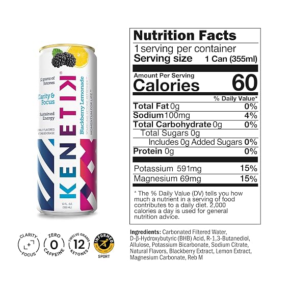 Kenetik Ketone Focus Drink - Plant-Based D-BHB Bioidentical Ketones for Caffeine-Free Focus & Steady Mental Clarity - Zero Sugar, Nootropic Brain Fuel - 12oz Cans (12-Pack), Blackberry Lemonade | Caffeine-Free Focus with Plant-Based D-BHB Bioidentical Ketones & Steady Mental Clarity, Zero Sugar, Nootropic Brain Fuel