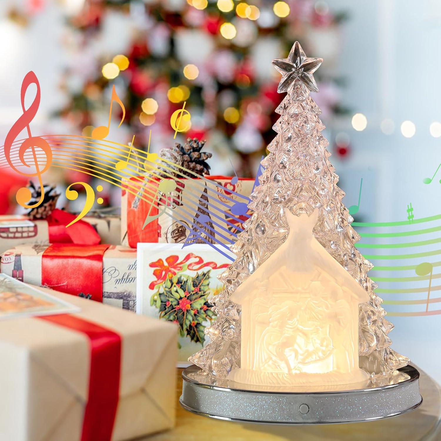 Small Christmas Nativity Tree White Acrylic Tree 12.6 Inch Tabletop Christmas Tree Vintage Christmas Decoration Battery Operated Mini White Christmas Tree with LED Lights Nativity Scene