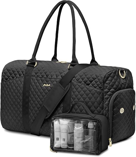 Focdod Travel Duffle Bag for Women - Weekender Bags with Shoe Compartment Large Carry on Overnight Tote Bag with Toiletry Bag Traveling Yoga Gym Bags with Wet Pocket Mommy Hospital Bag Black