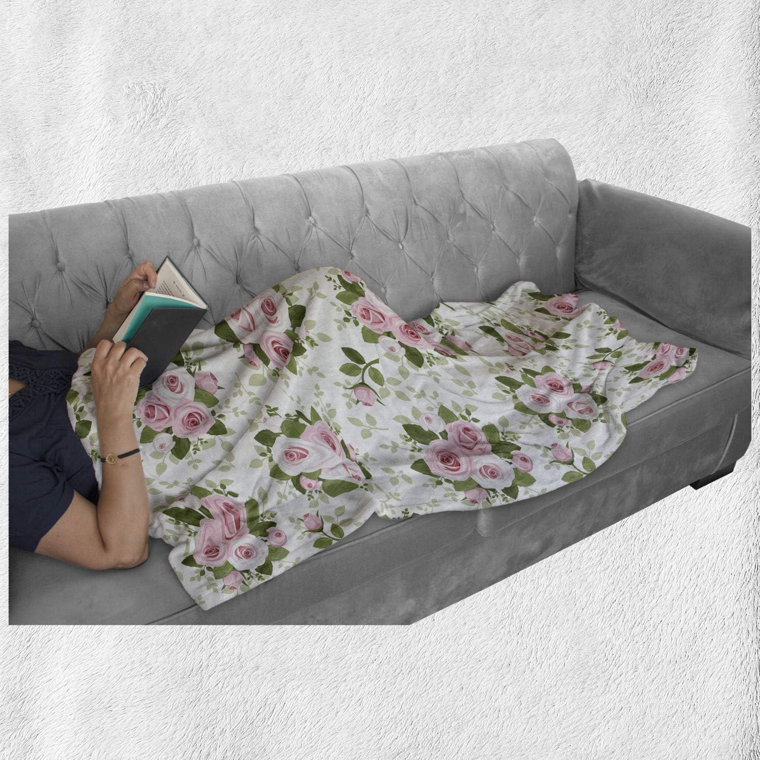 Lunarable Rose Throw Blanket, Pattern with Pink Roses Bouquet Leaves Branches English Garden Design Art, Flannel Fleece Accent Piece Soft Couch Cover for Adults, 70" x 90", Pale Pink White Green