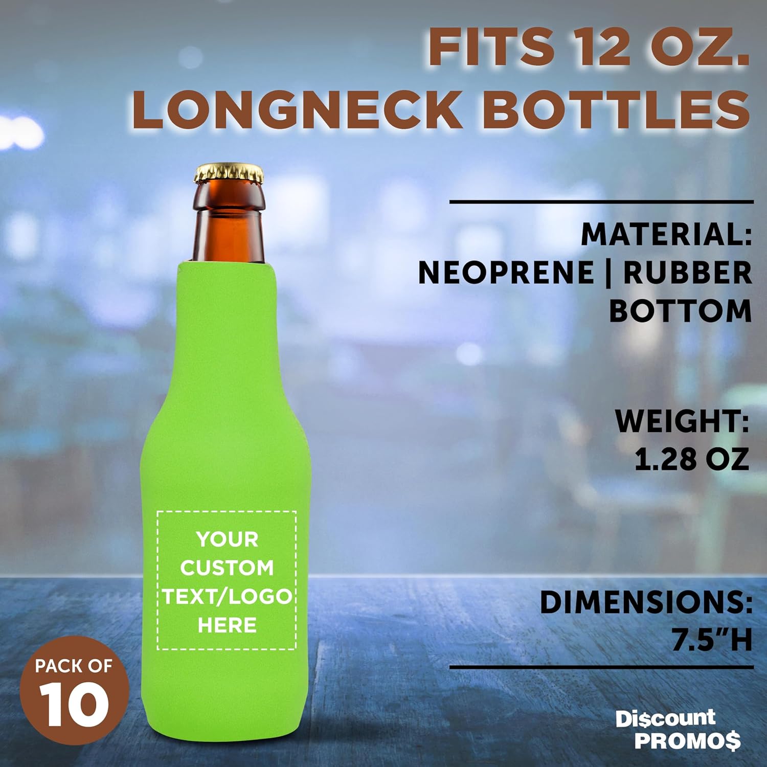 10 Neoprene Zippered Beer Bottle Coolies Pack - Customizable Text, Logo - Sharkskin Rubber Bottom - Lime Green