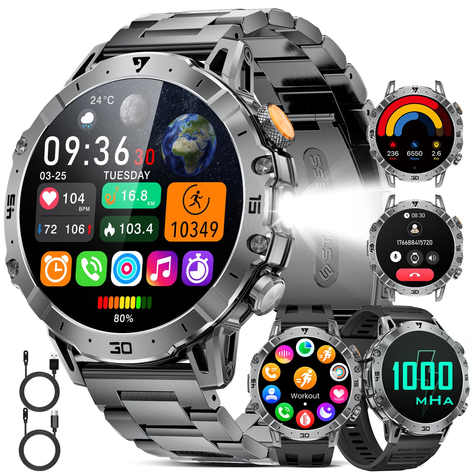 Smartwatch Uomo 1,85'' Display HD, Torcia LED, Batteria 1000mAh, 100+ Modalità Sport, IP68 Impermeabile, Cardiofrequenzimetro e Monitor Sonno, Bluetooth Android iOS, Nero