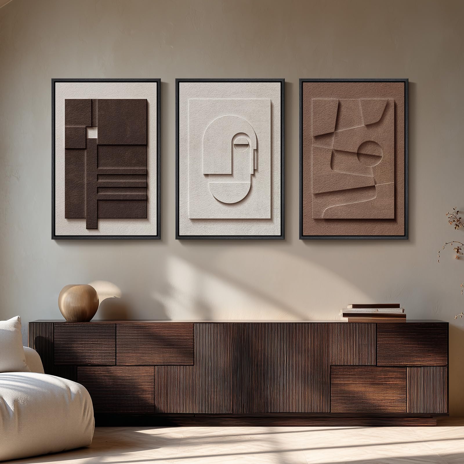 Large 3D Textured Framed Abstract Wall Art for Living Room, 3 Piece Modern Paintings Artwork for Walls, Black White Brown Geometric Sandstone Texture Pictures for Hallway Office Home Decor 24x36 In — view 43