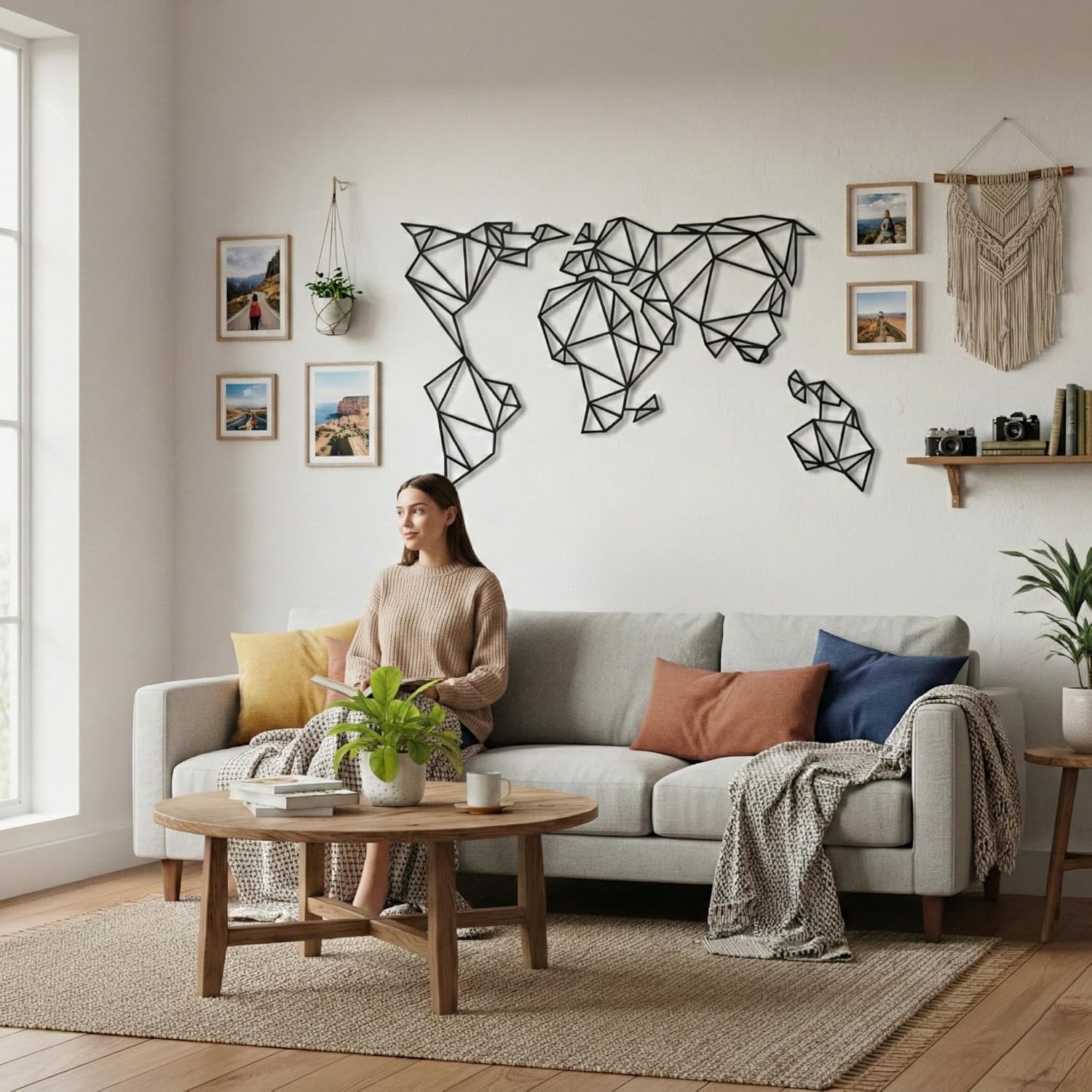 DEKADRON World Map Wall Art - Geometric World Map - 3D Wall Silhouette Metal Wall Decor Home Office Decoration Bedroom Living Room Decor Sculpture (59" W x 34" H / 150x86cm)