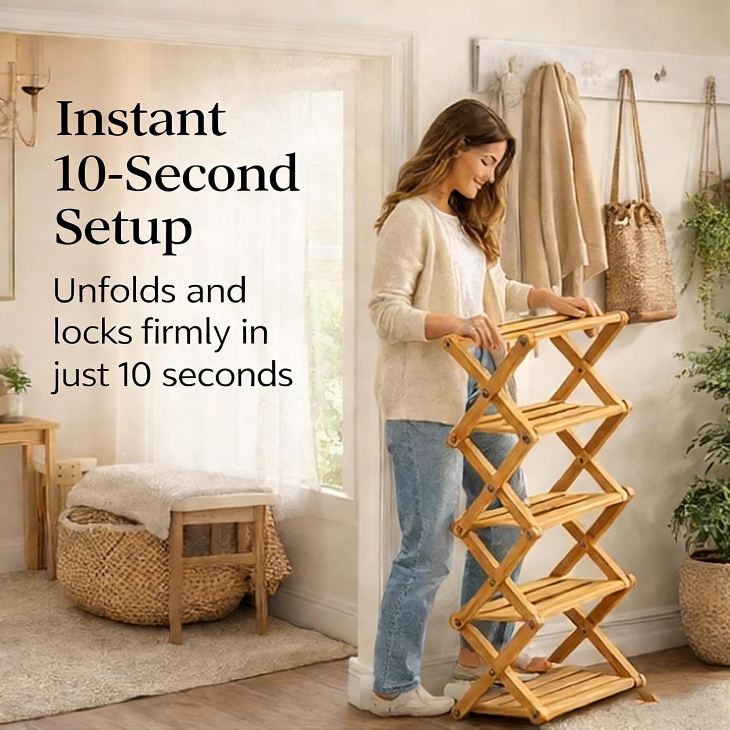 FSXZA 2/3/4/5/6/7/8/9 Tier Bamboo Shoe Rack, Foldable No-Assembly Bamboo Rack, Vertical Slim Shoe Storage for Small Spaces, Tall Narrow Shoe Rack for Entryway & Closet (3 Tier)