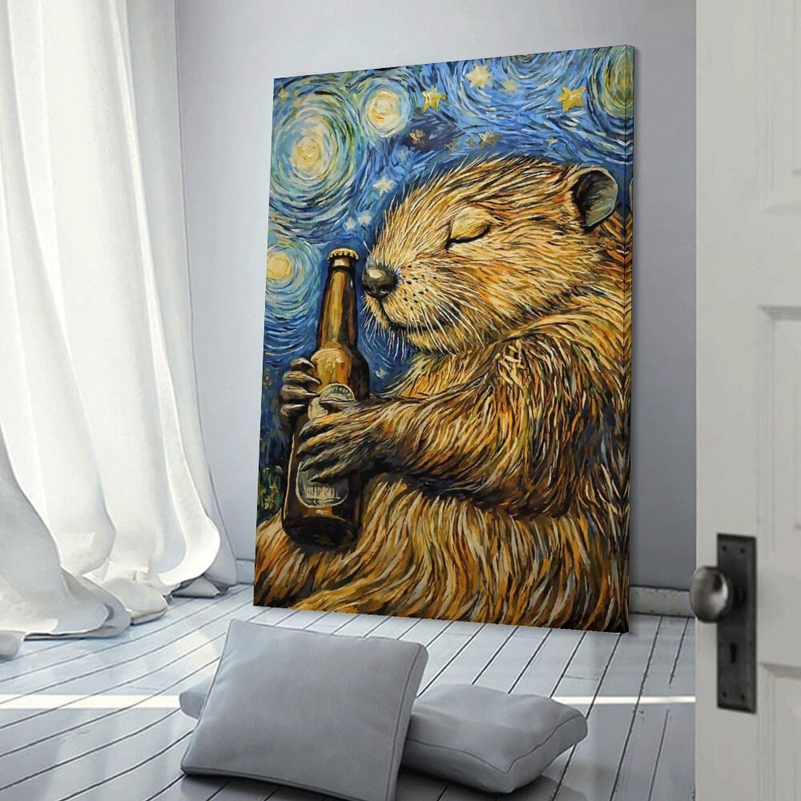Junmoney Frame-Style-14 Beaver Beer In Starry Night Hanging Wall Art, 24X36inch(60X90cm), For Entrance Walls, Hall Decor Or Foyers, Wall Decor To Refresh Empty Corners