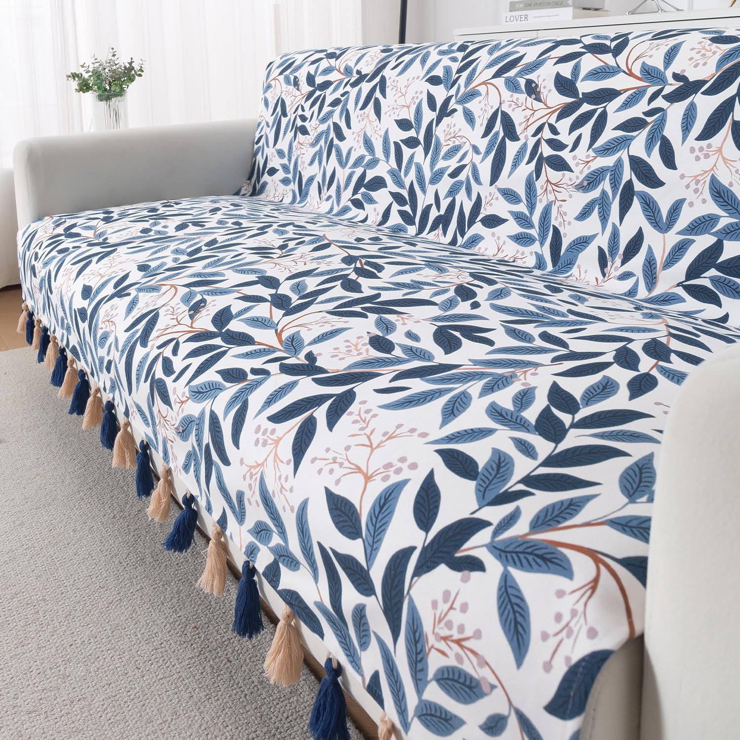HOKIPO Printed Holland Velvet Sofa Cover with Tassels for 3 Seater Sofa | Full Protection for Sofa Seat and Back | 'Whispers of Nature' (160x175 cm), Indigo Foliage (IN-1127-D10)-image-26